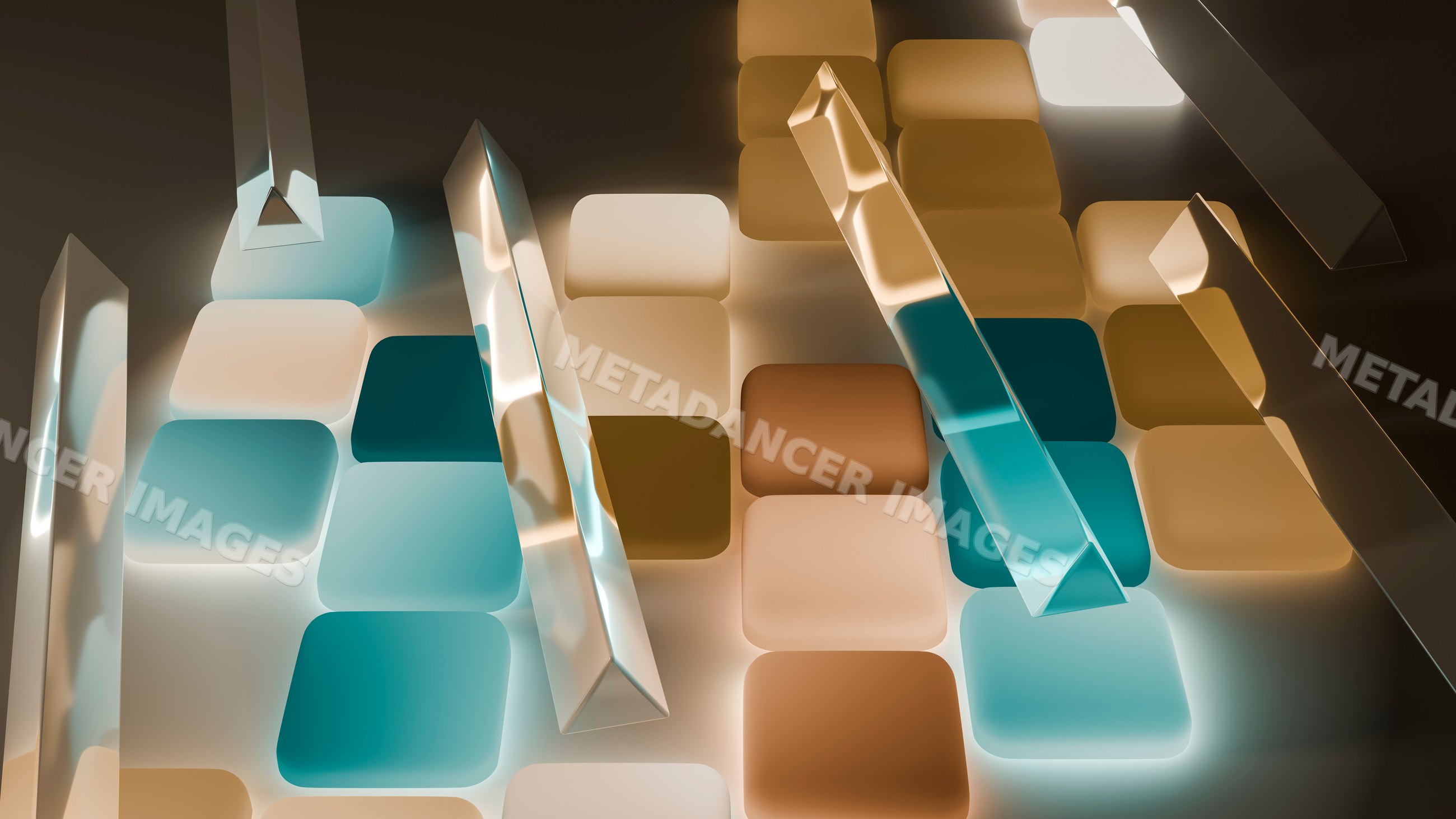 Abstract digital illustration with glass prisms and glowing rectangles