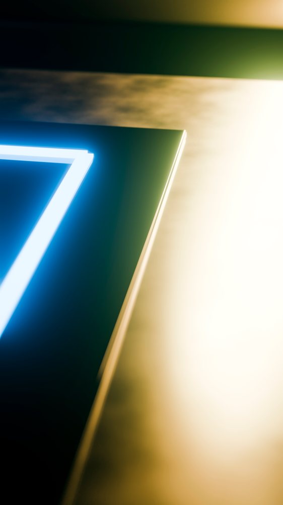 Blue neon number 7 glowing with light and blurred background