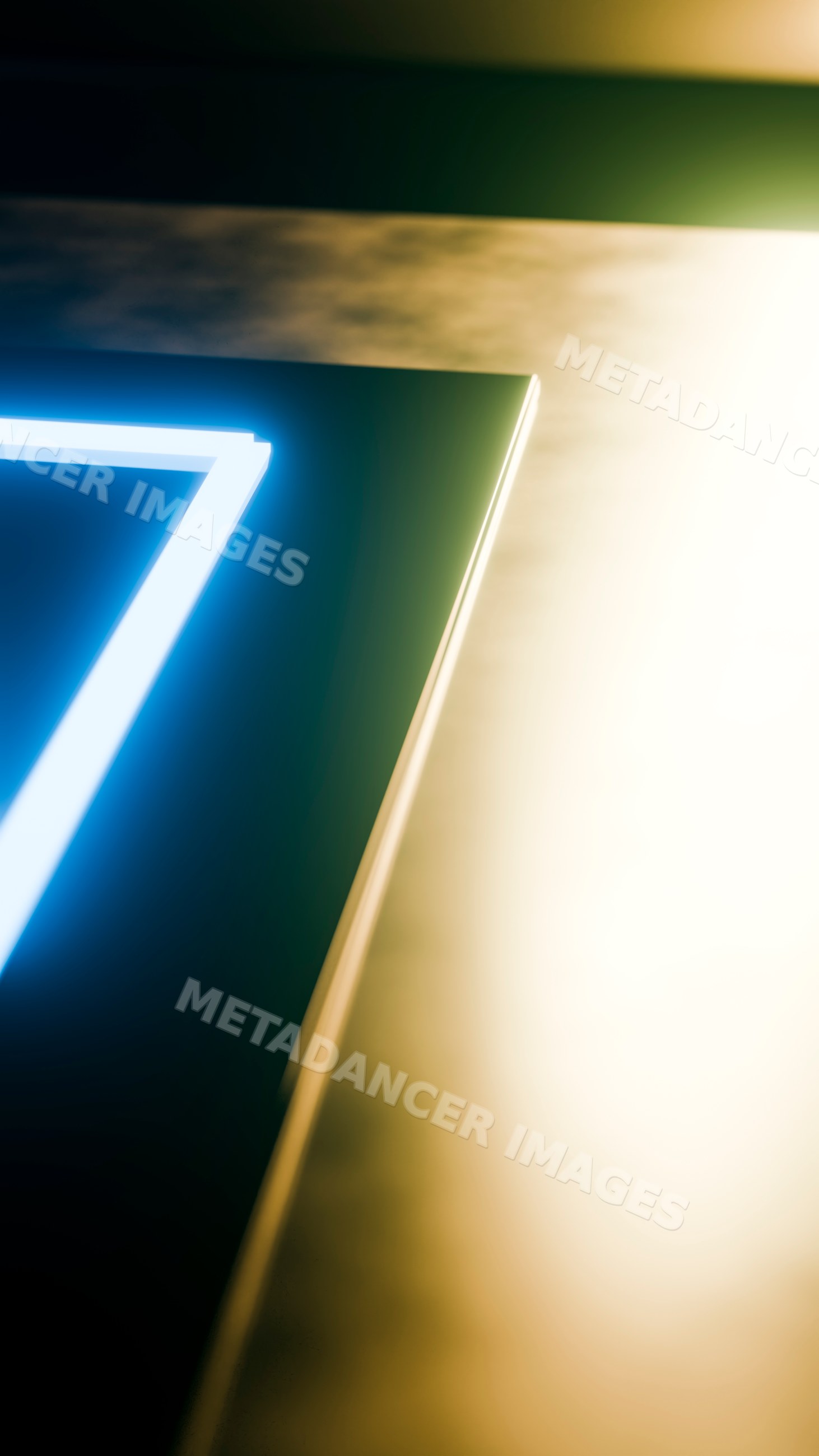 Blue neon number 7 glowing with light and blurred background