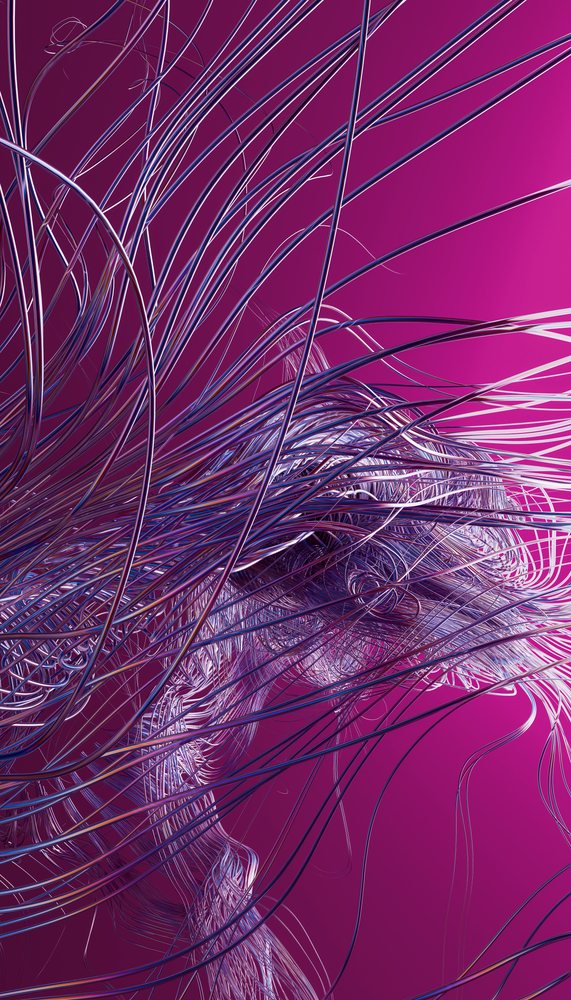 Abstract colorful lines forming complex digital wireframe on purple