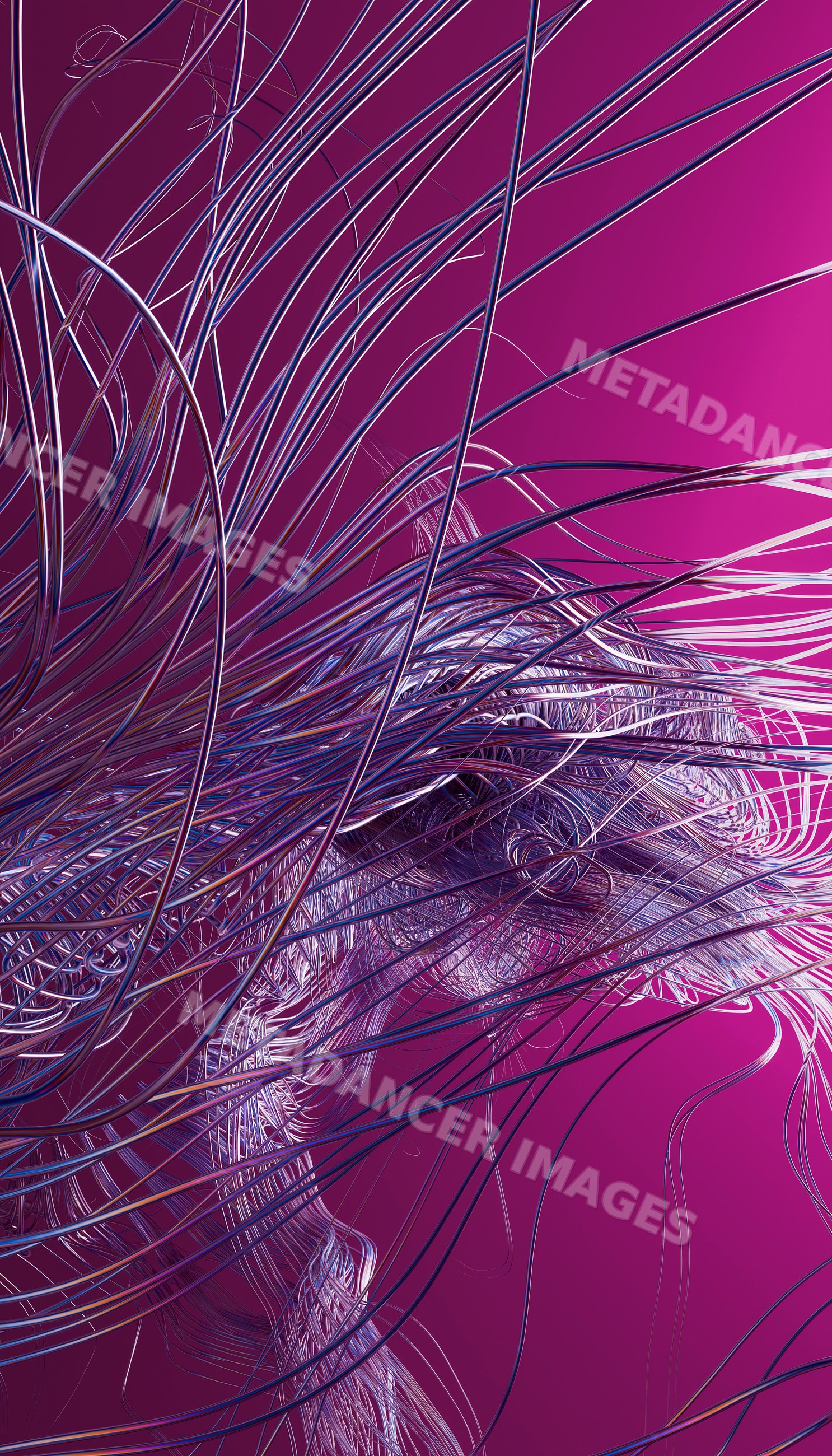 Abstract colorful lines forming complex digital wireframe on purple