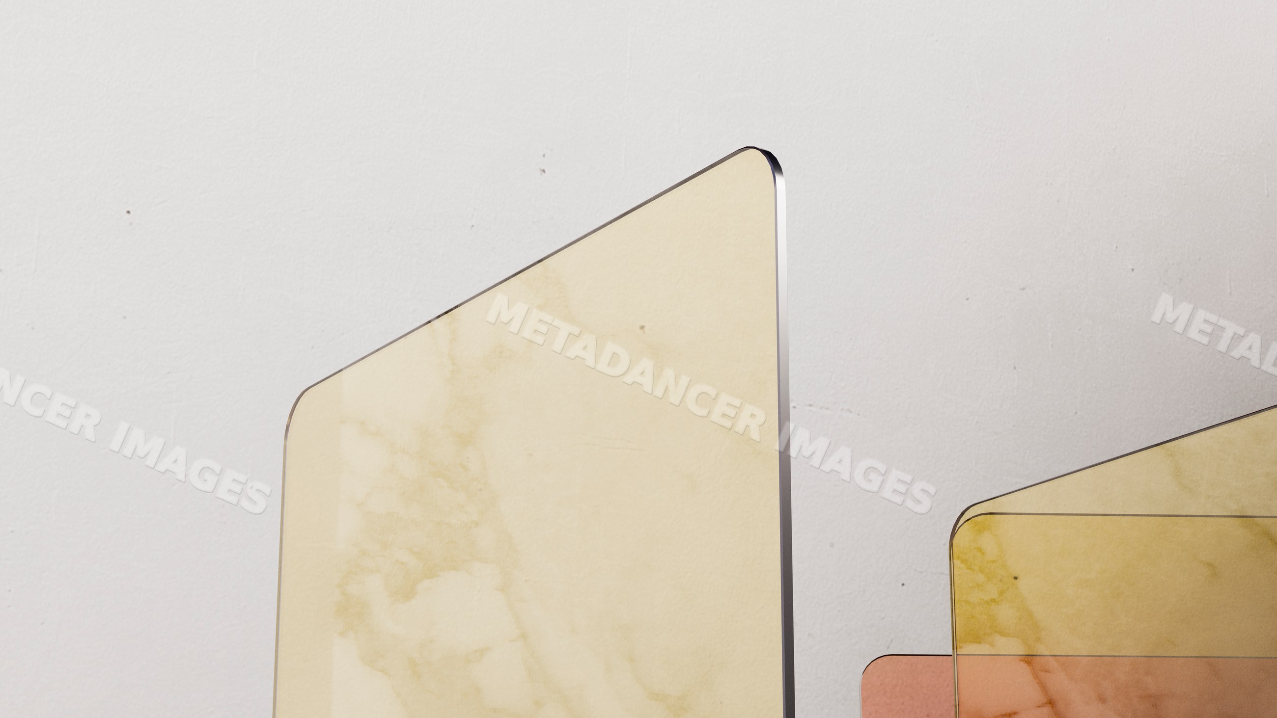 Colored glass panels with rounded corners overlapping in studio