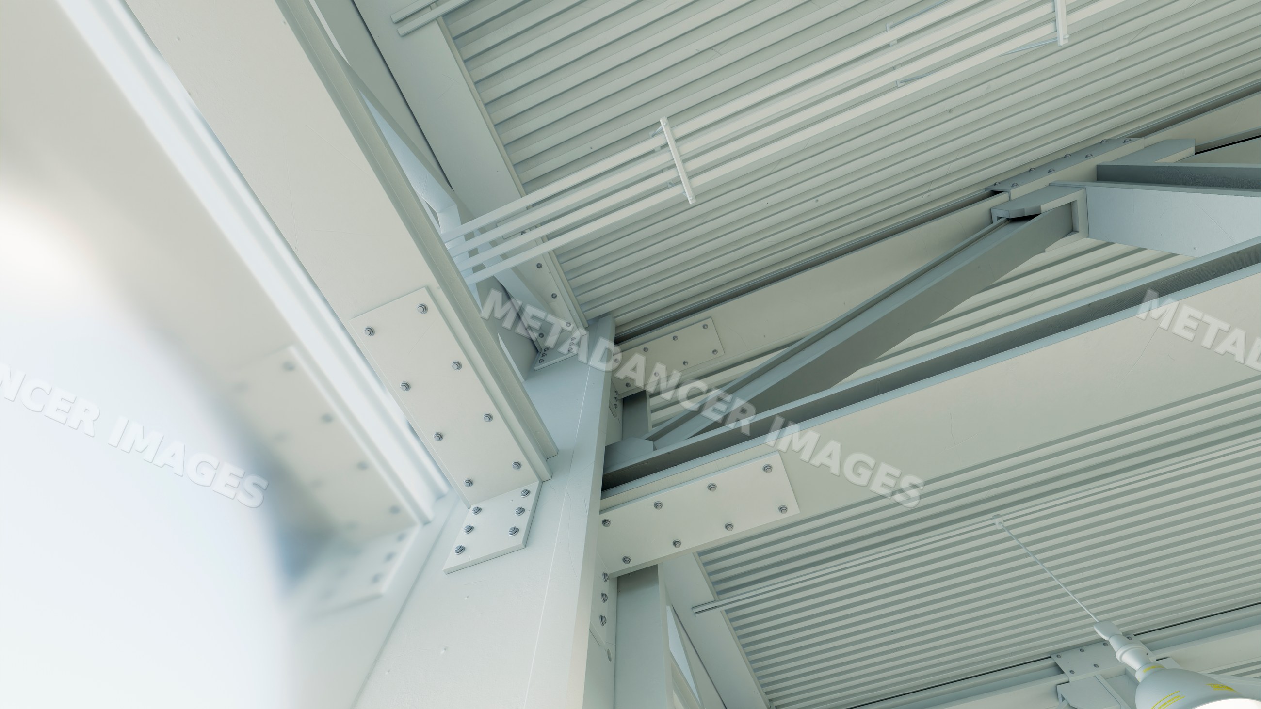 Industrial warehouse ceiling with metal beam framework