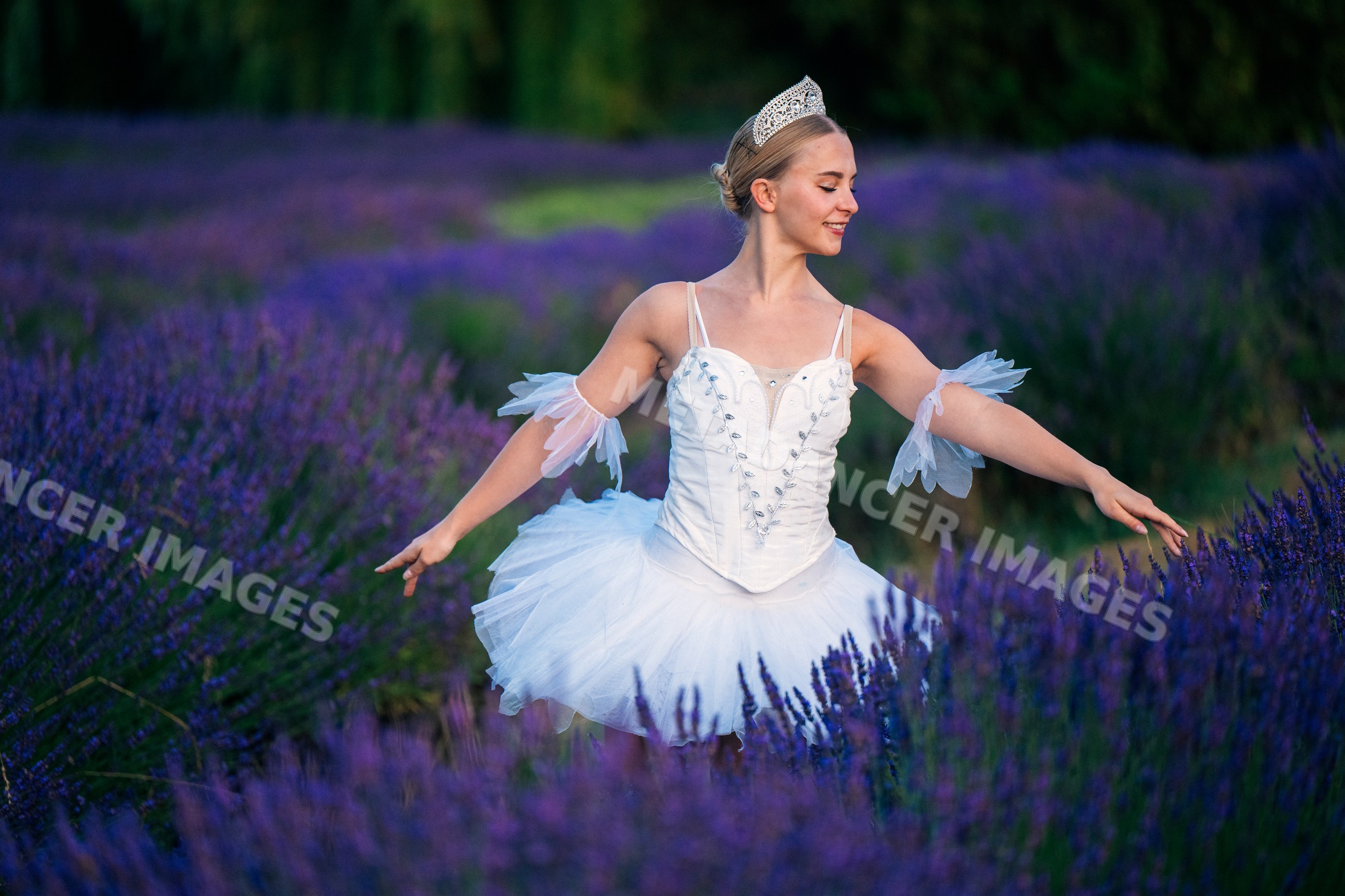 A ballerina gracefully dances in a lavender field in WA, USA