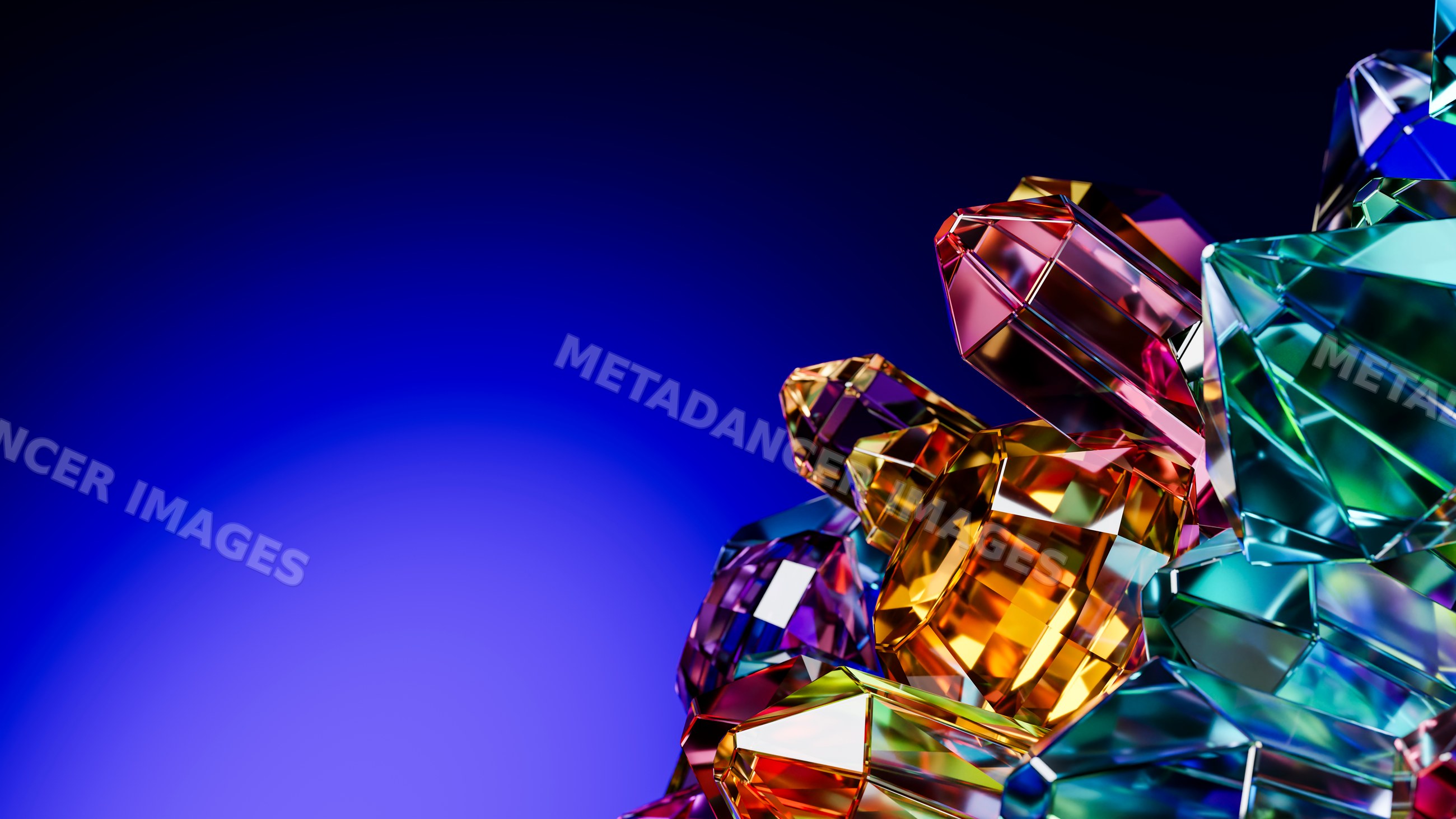 Colorful faceted crystal gemstone cluster against blue background