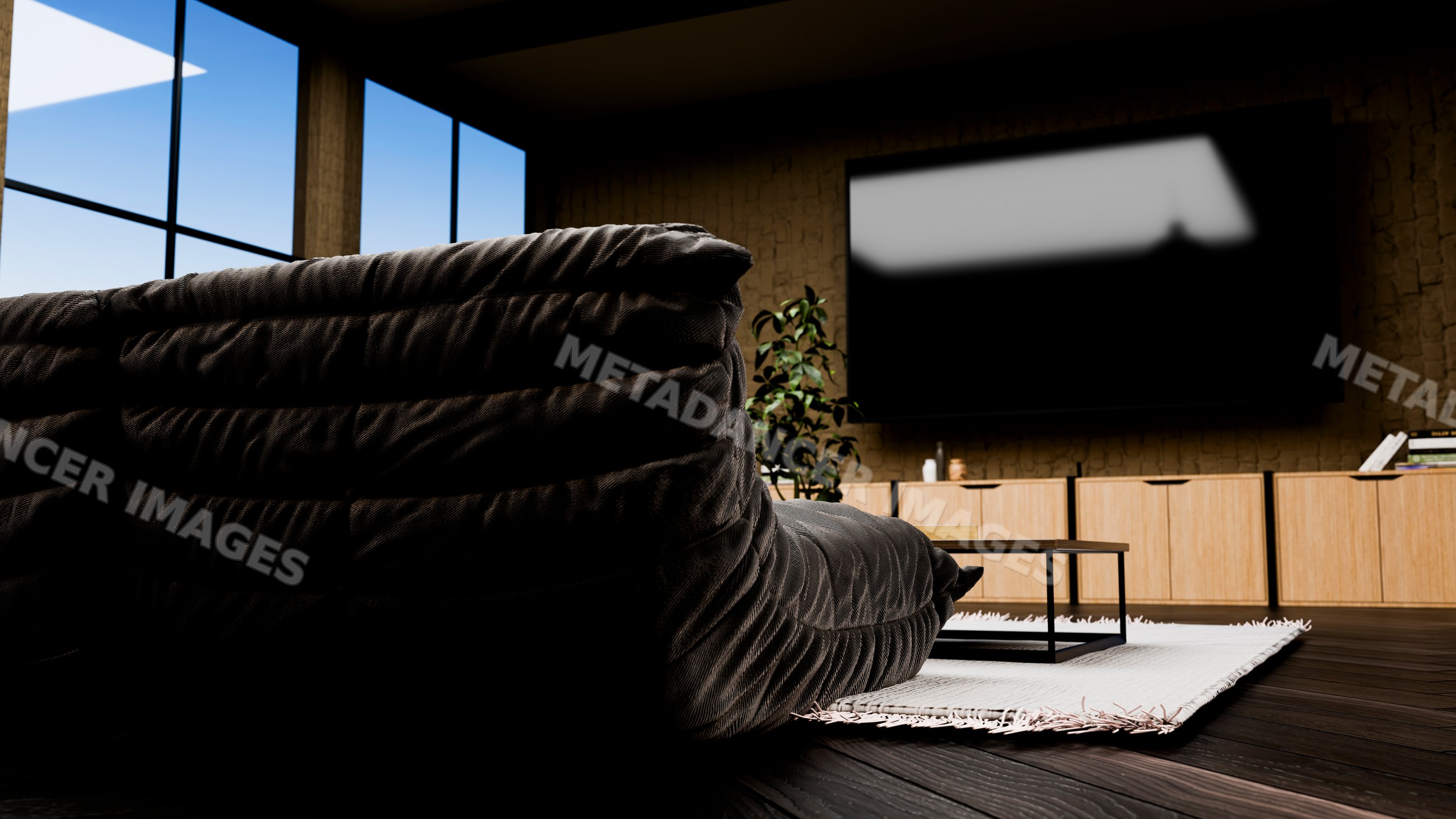 Black couch and flat screen tv in modern living room interior