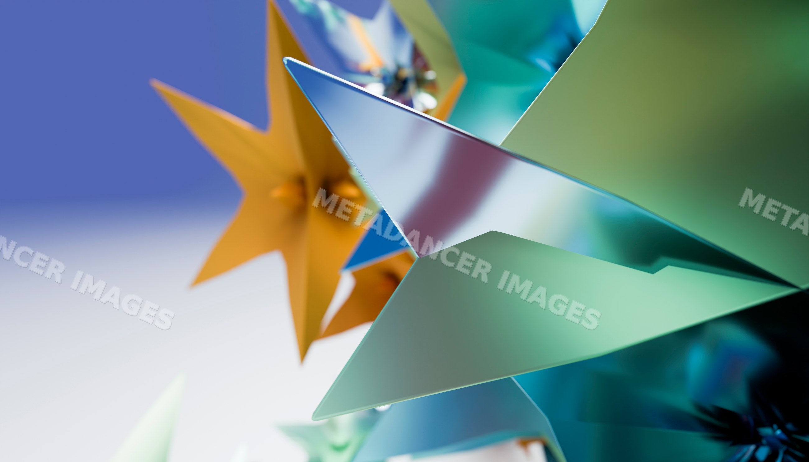 Close-up rendering of colorful reflective metal star decorations