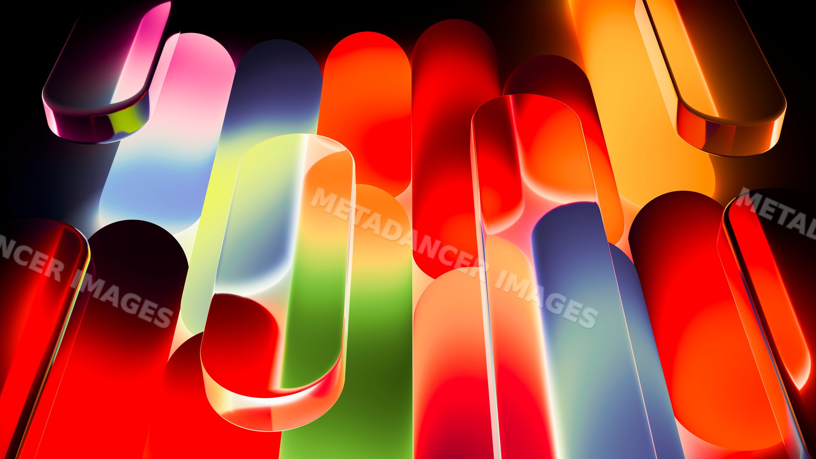 Colorful glowing abstract glass shapes with light reflections