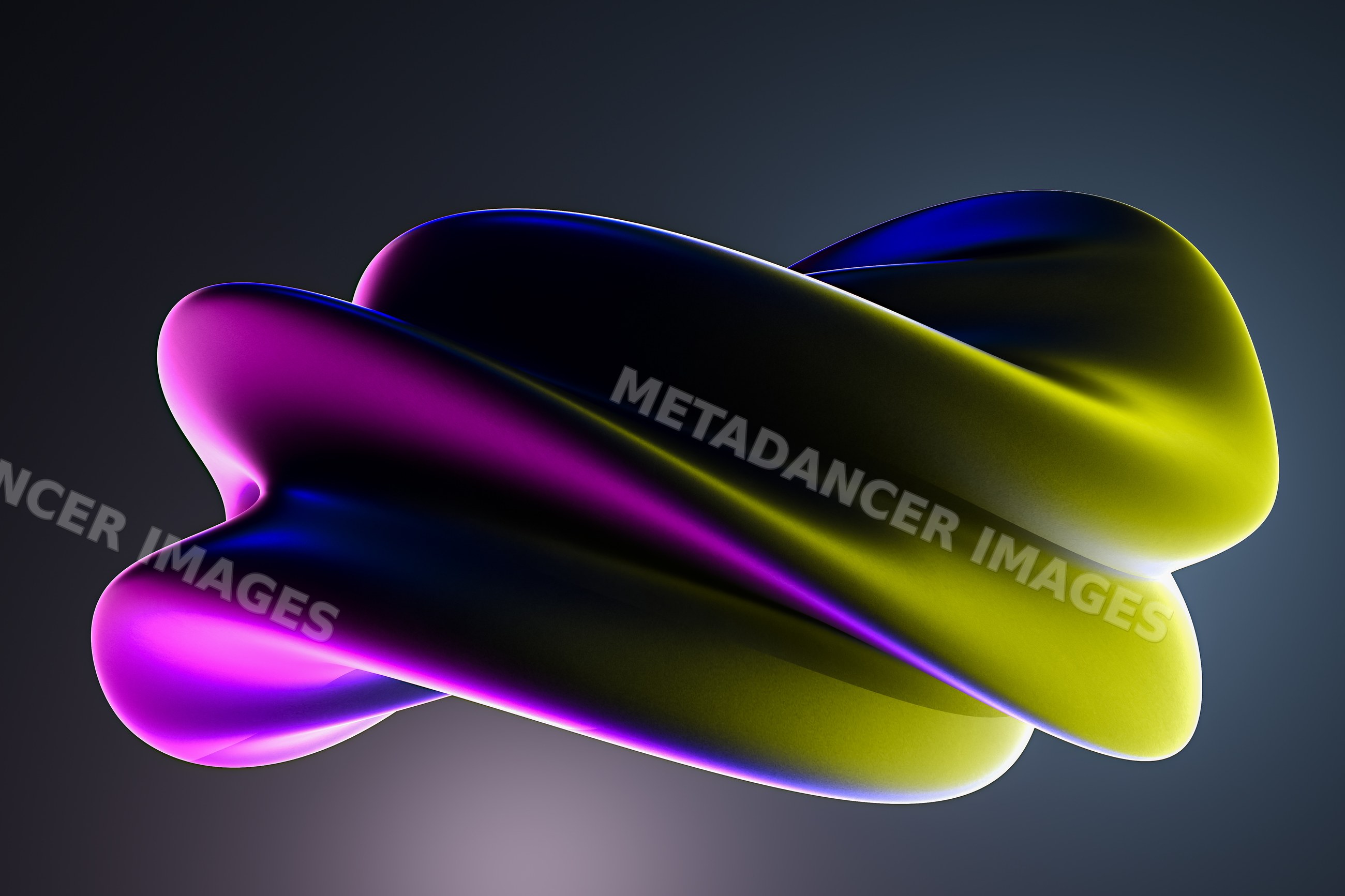 A digital abstract shape with vibrant purple, blue, and yellow curves