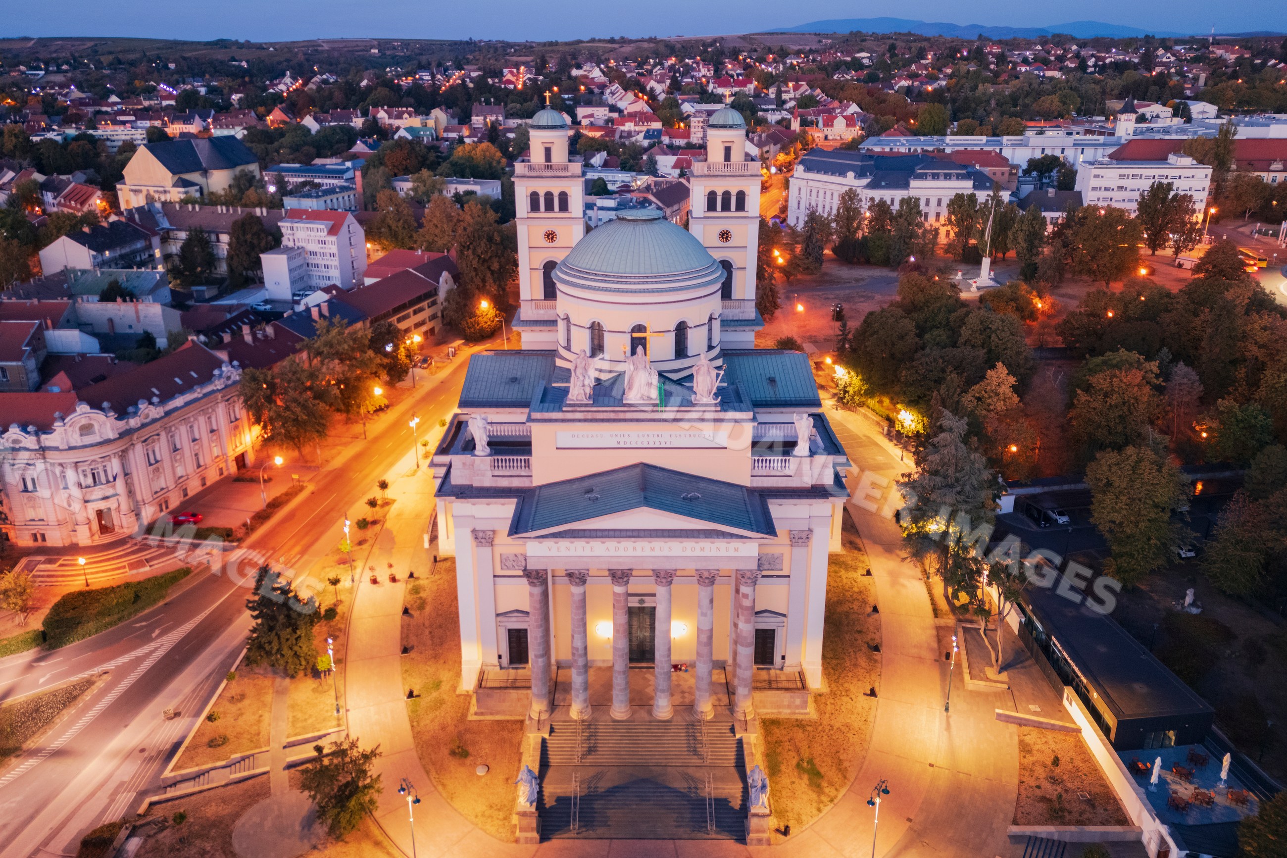 Cathedral basilica of st john the apostle in Eger cityscape at dusk