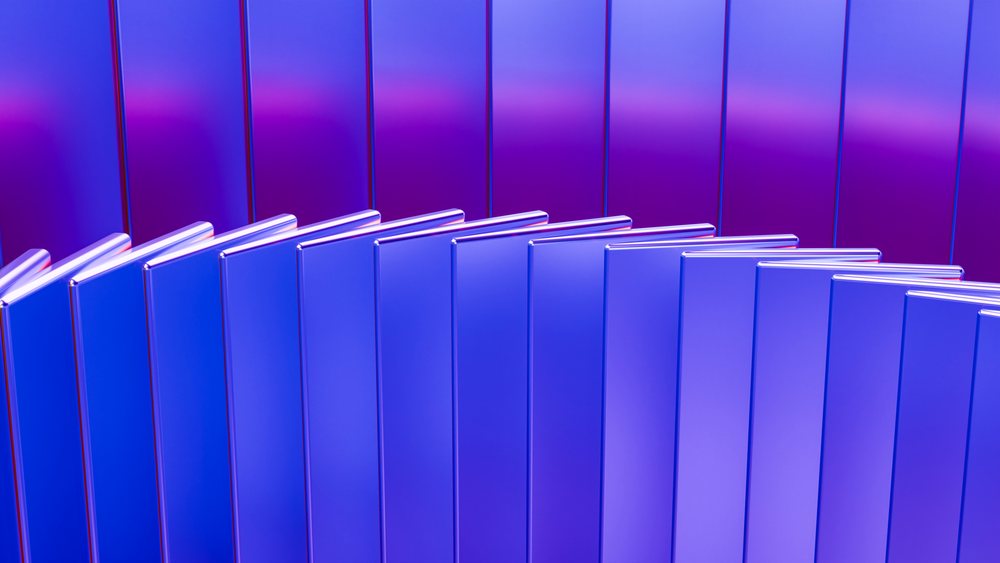 Abstract curved glossy blue and purple panels with reflections