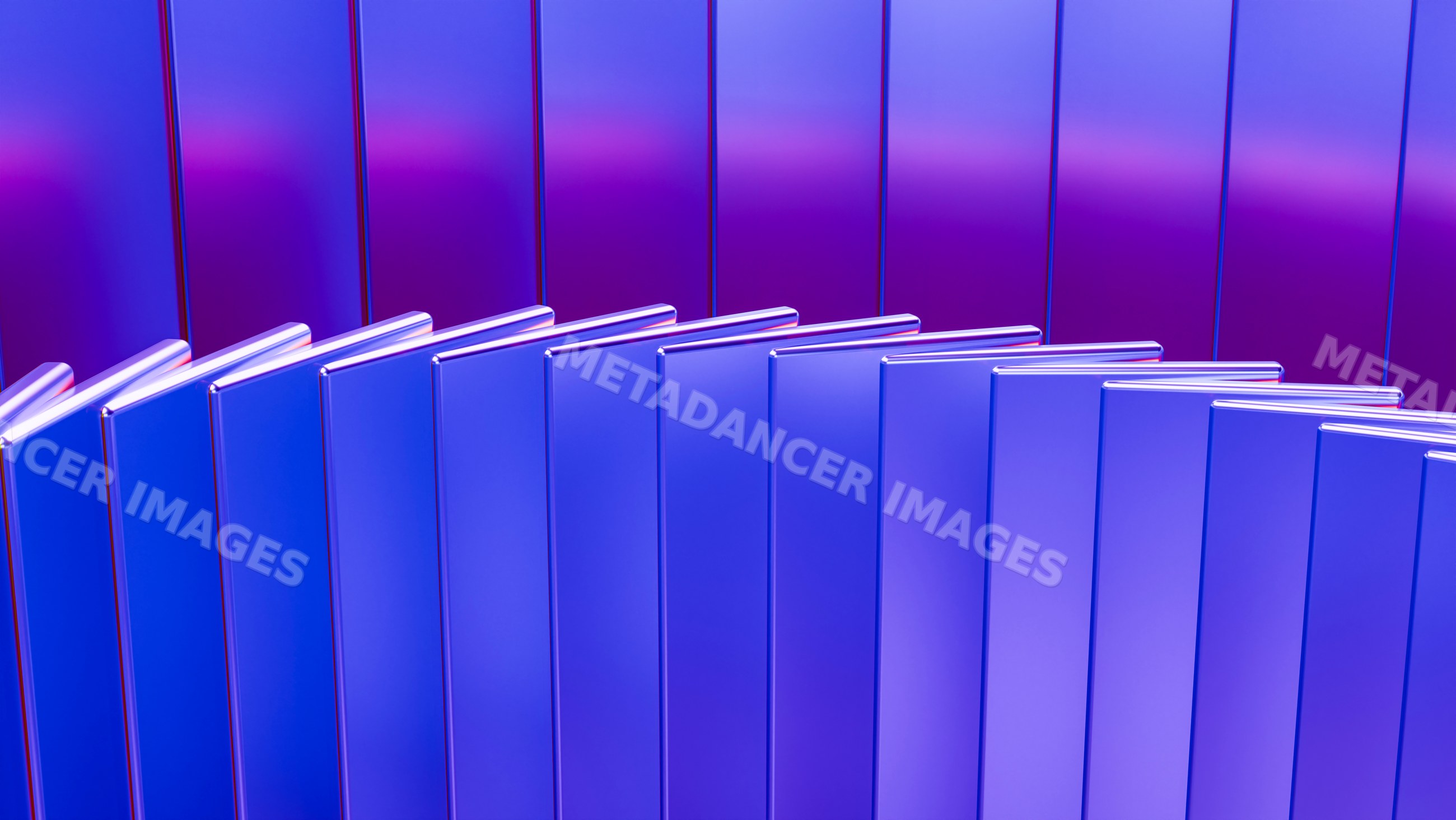 Abstract curved glossy blue and purple panels with reflections