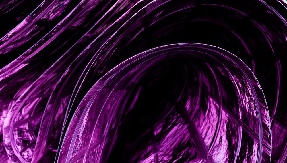 Curved purple glass with reflective abstract artistic pattern