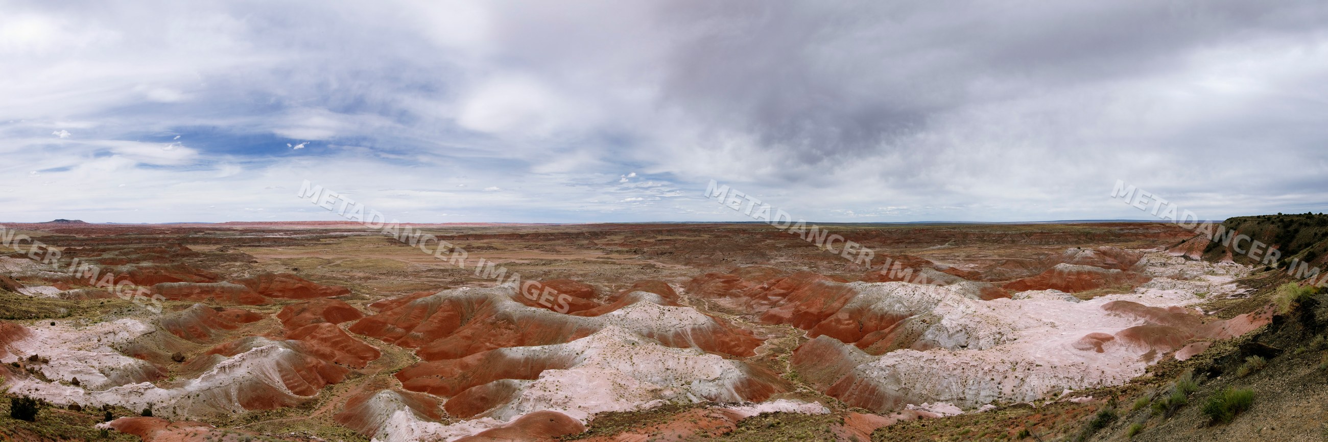 Painted desert badlands with red and white rock formations