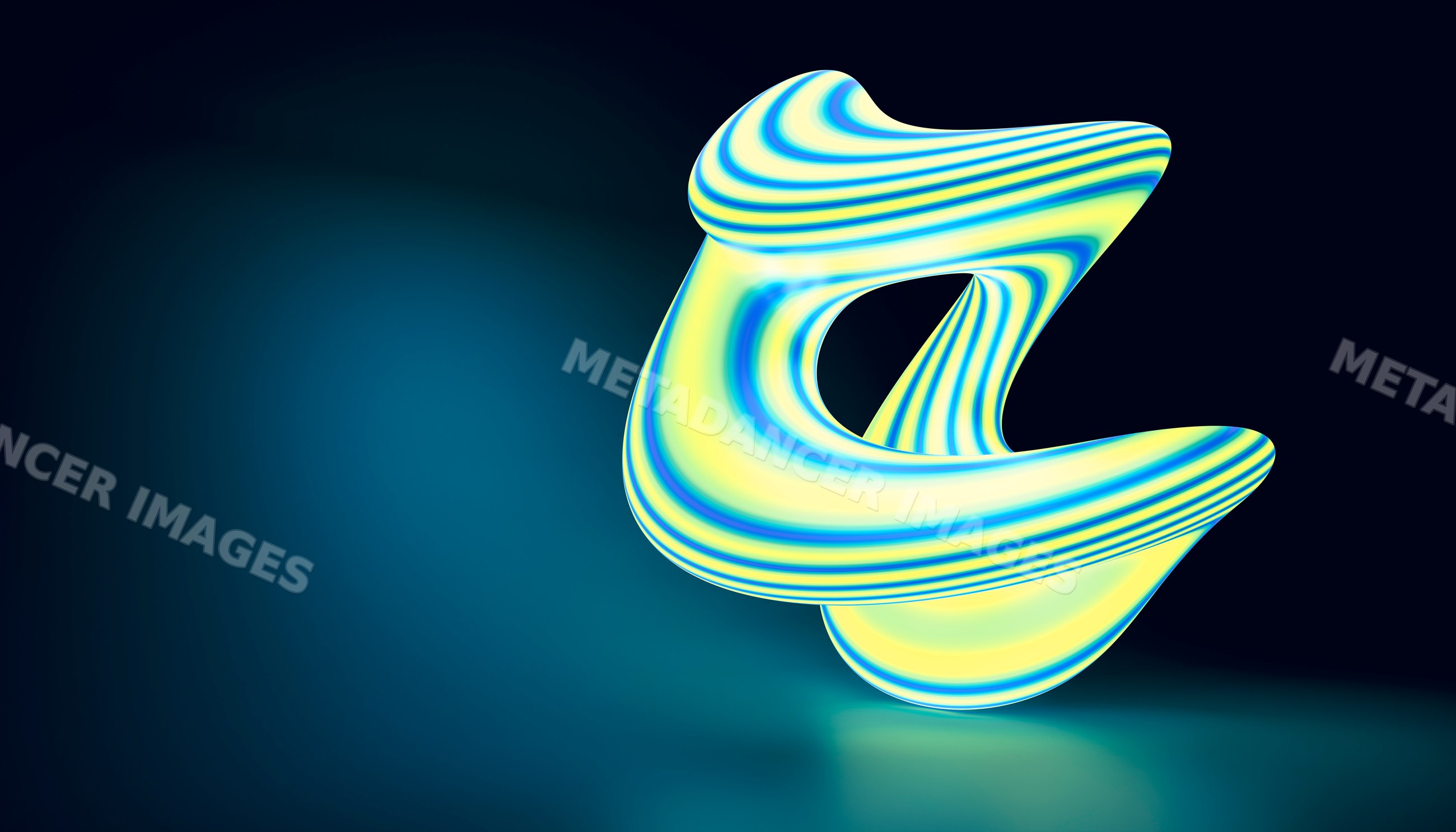 A colorful abstract 3d shape with blue and yellow stripes floating