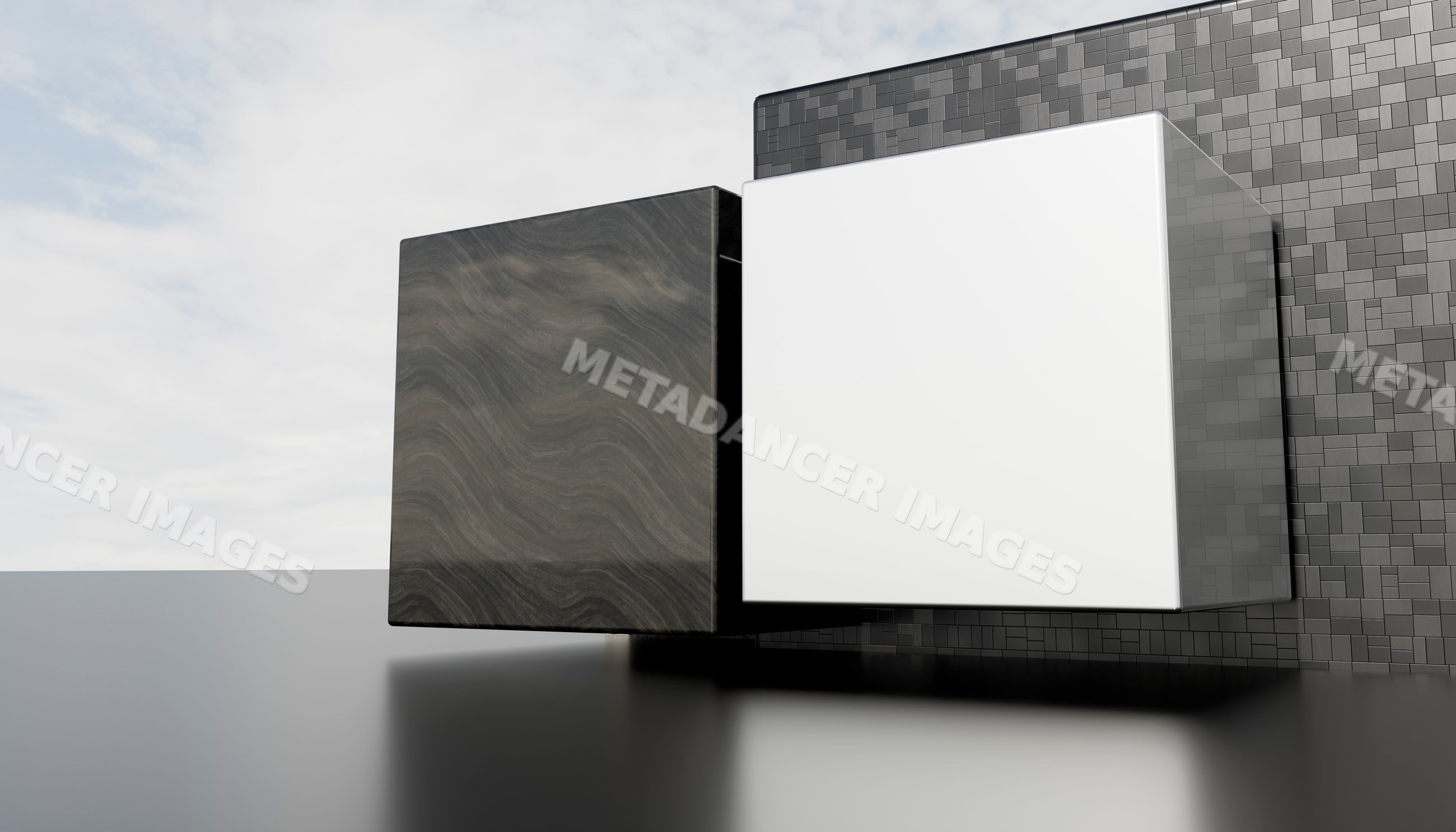 3d rendering of two floating cubes with contrasting textures