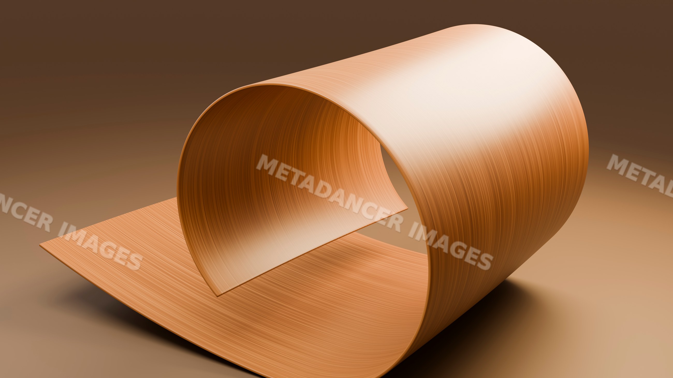 Curled wood sheet with smooth grain texture on brown background