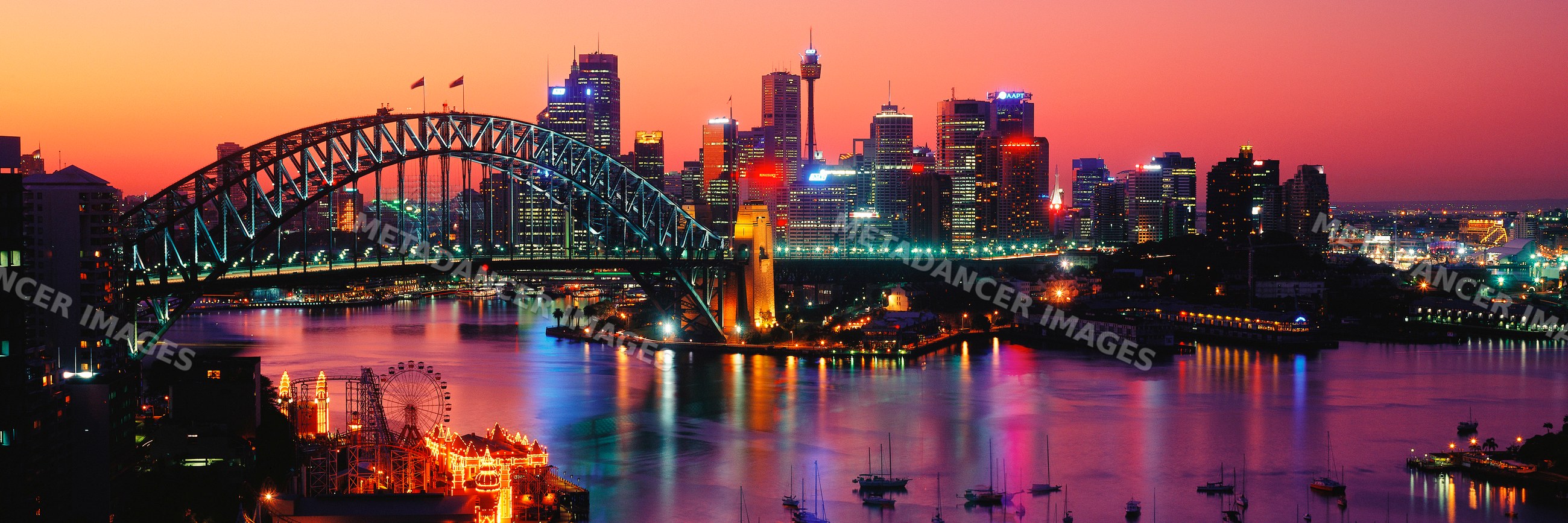 Sydney skyline with harbor bridge at dawn in australia