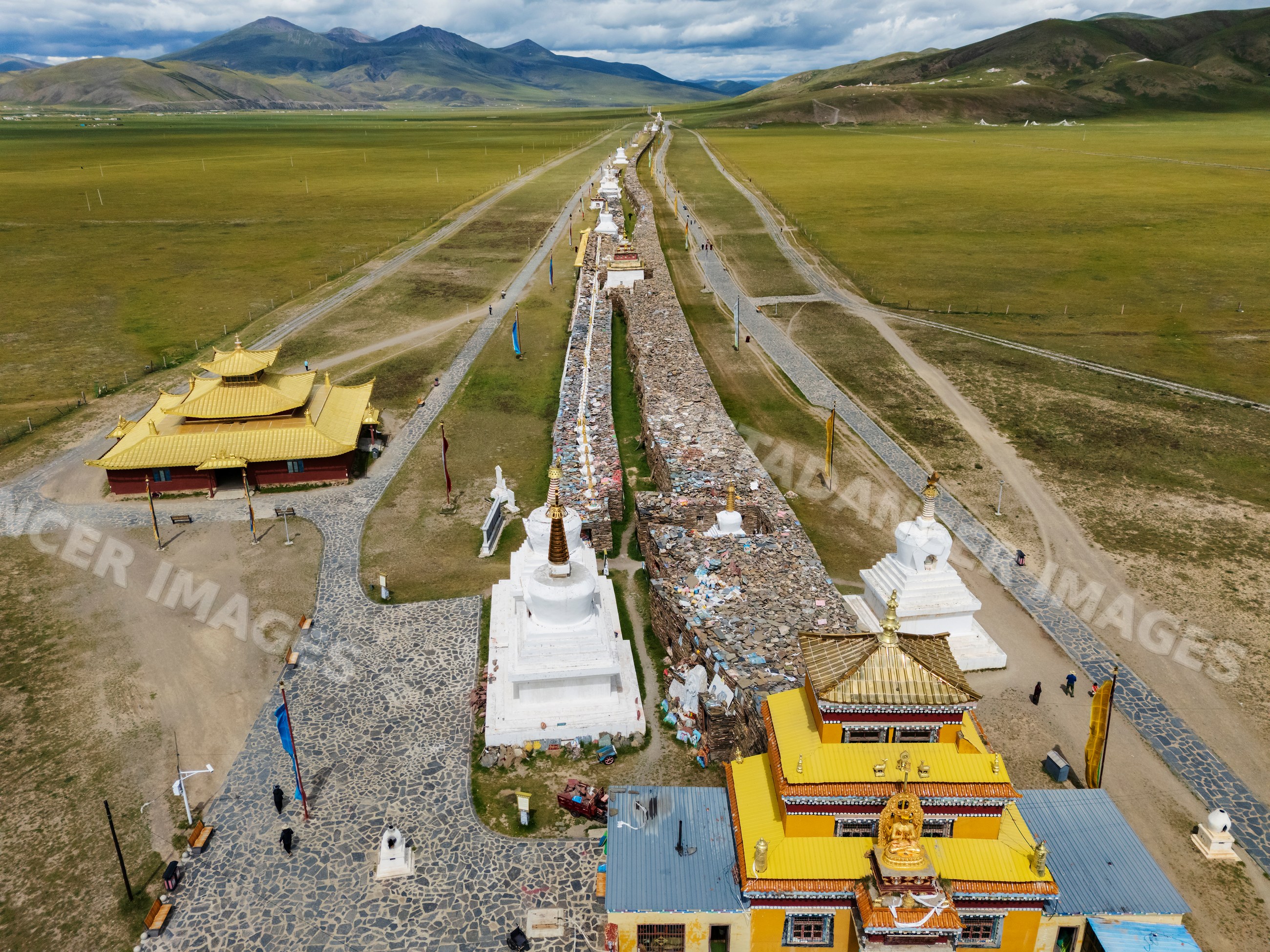 Aerial view of the 1.6km Mani Wall and stupas in Kham Tibet sichuan
