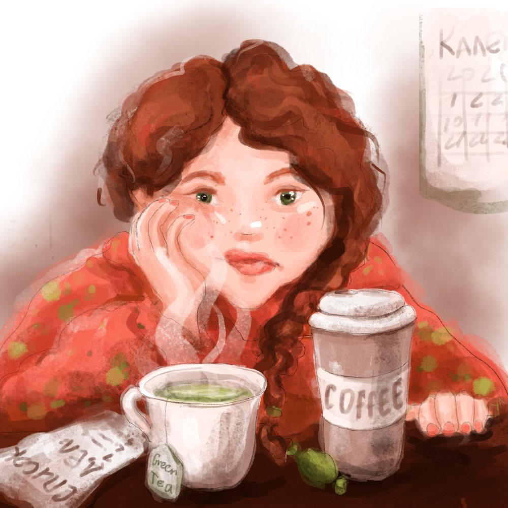 Woman with red hair enjoying green tea and coffee illustration