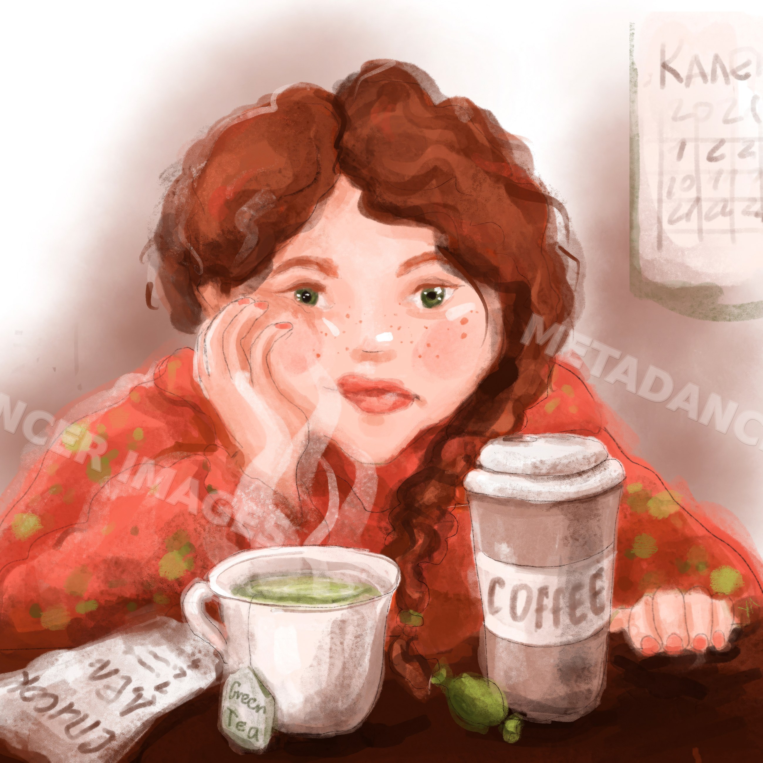 Woman with red hair enjoying green tea and coffee illustration