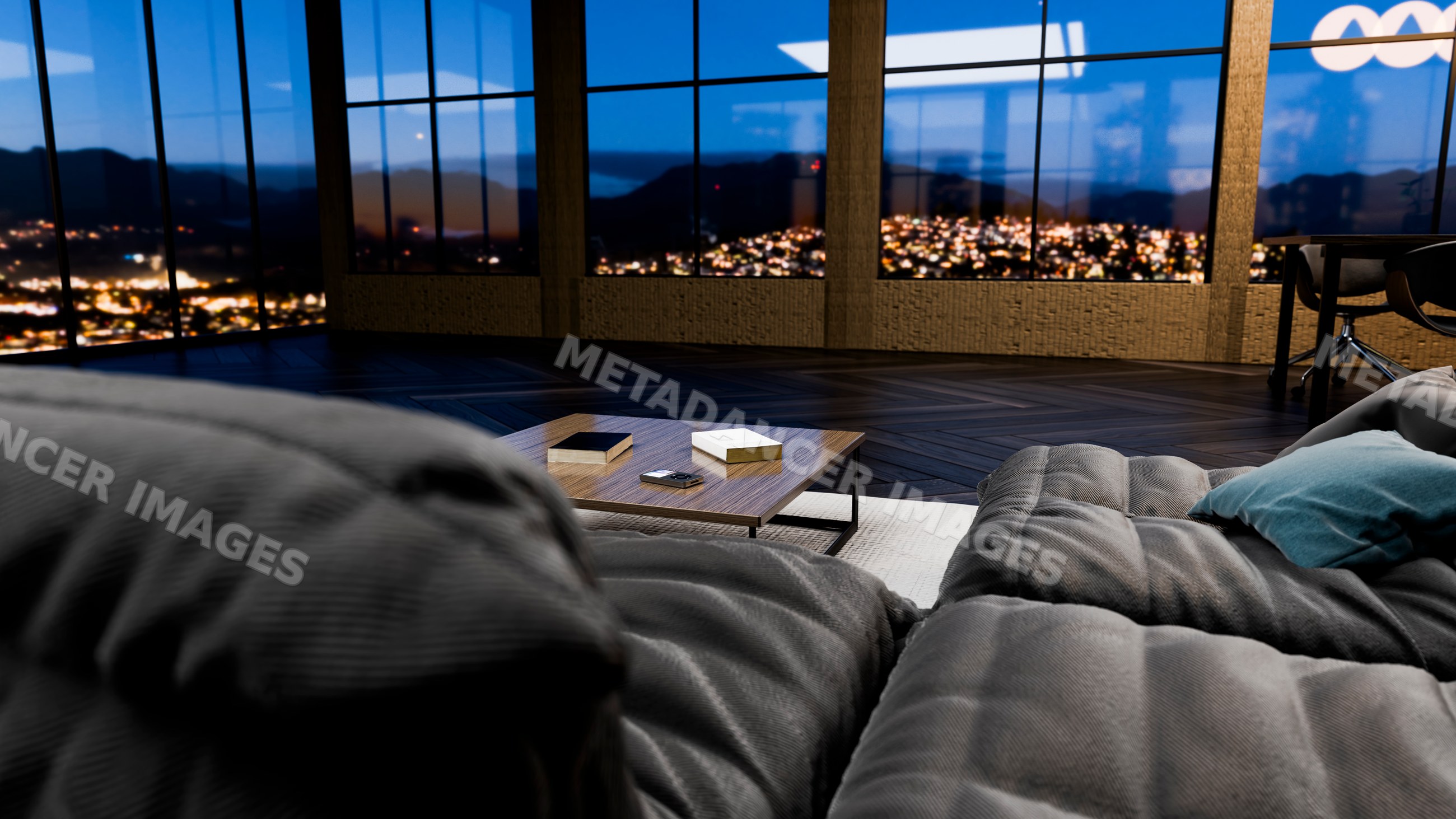 Modern living room with night cityscape through large windows