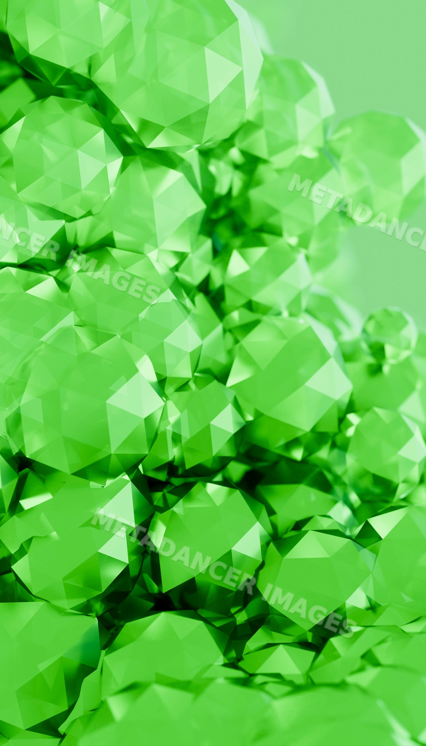 Cluster of green faceted crystals with geometric pattern