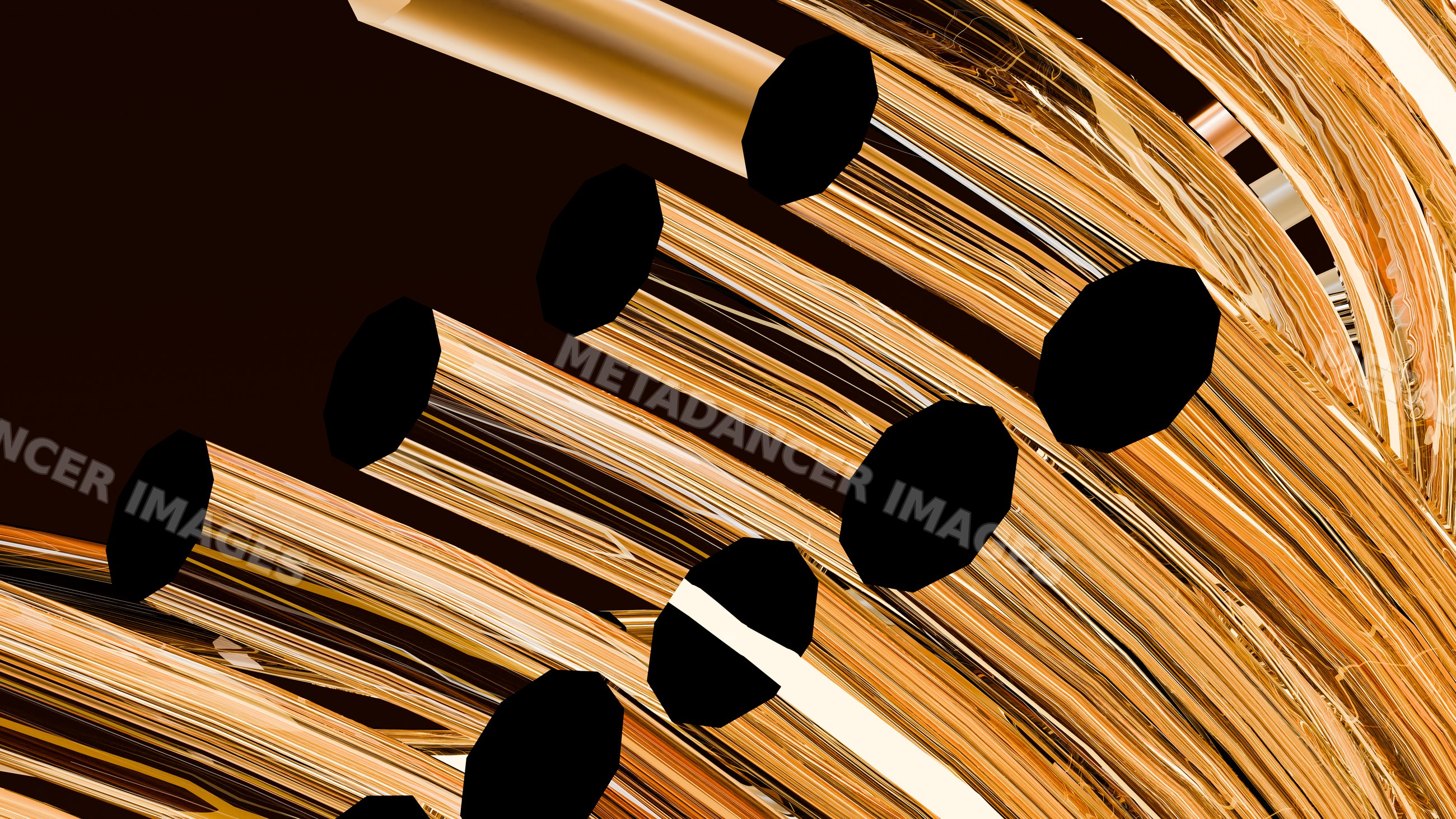 Golden reflective curved tubes in abstract modern art sculpture