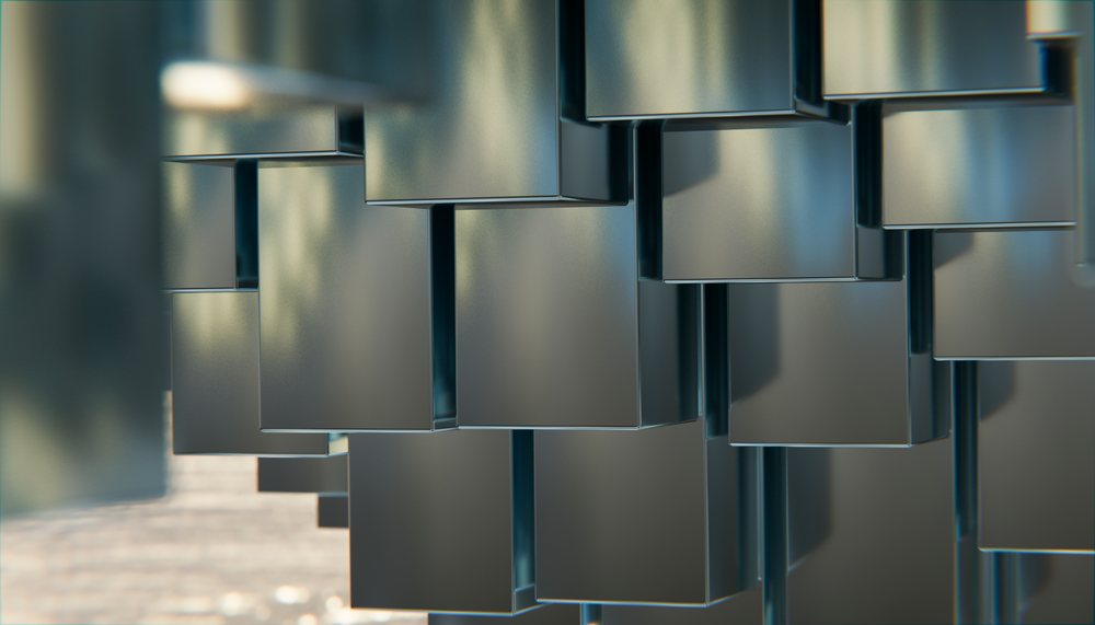 Close up of metallic rectangular columns forming an abstract pattern