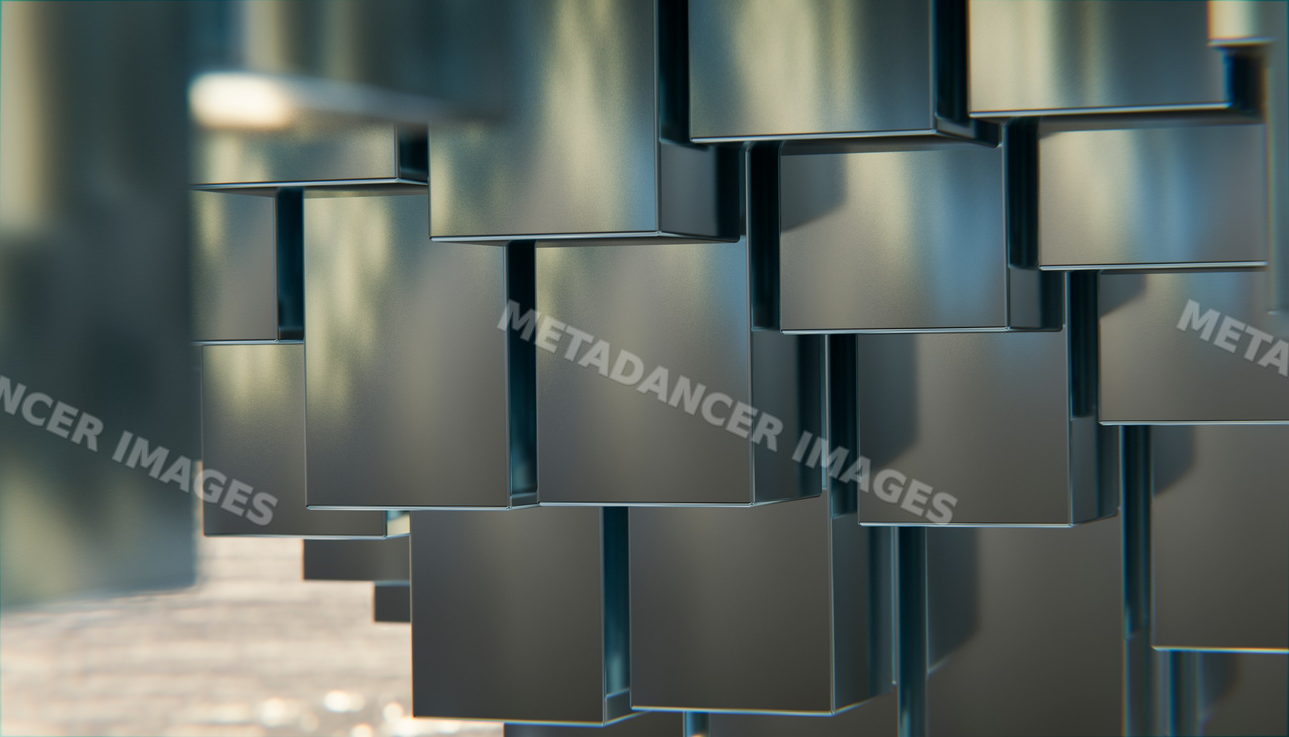 Close up of metallic rectangular columns forming an abstract pattern