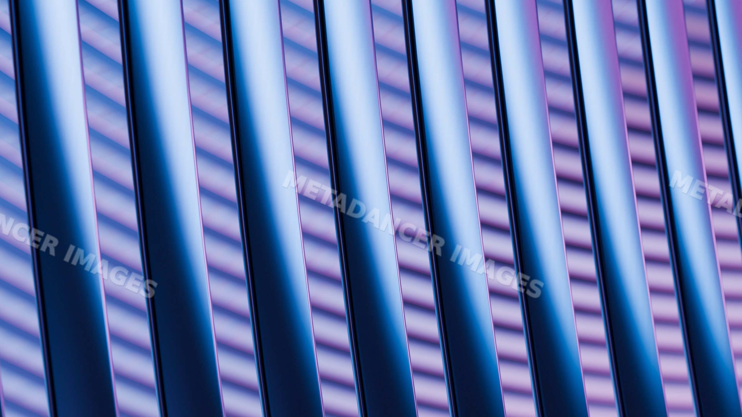 Abstract close-up of parallel blue metallic rods with purple shadows