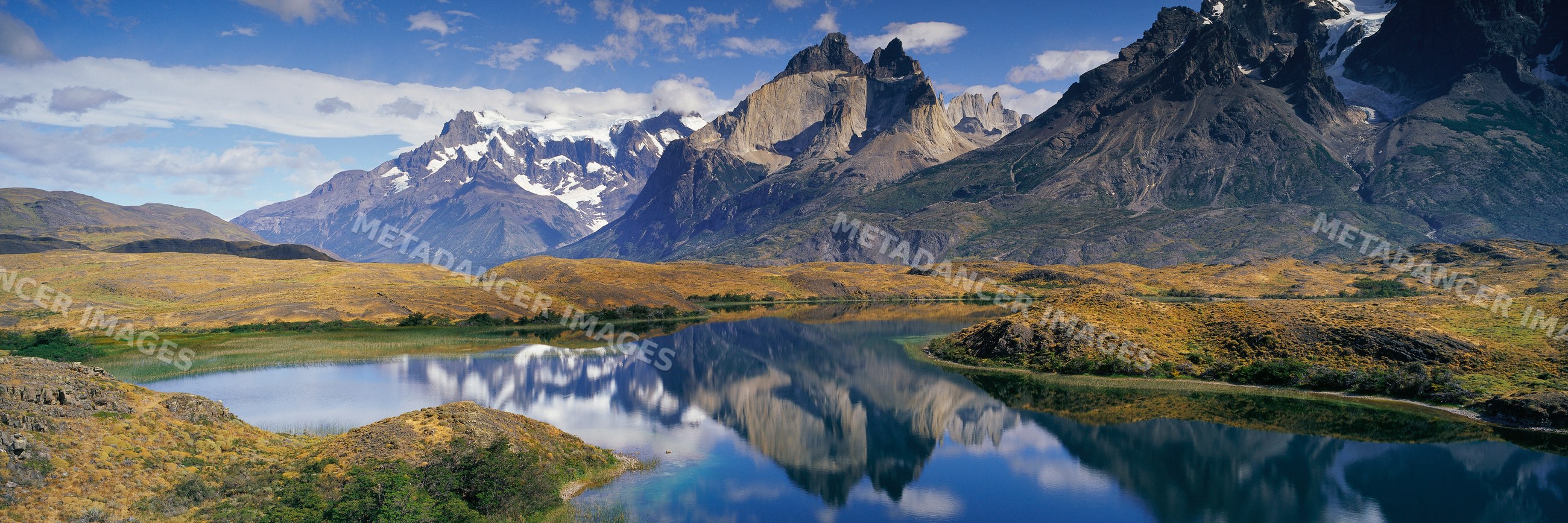 Los cuernos mountains reflecting in lake chile