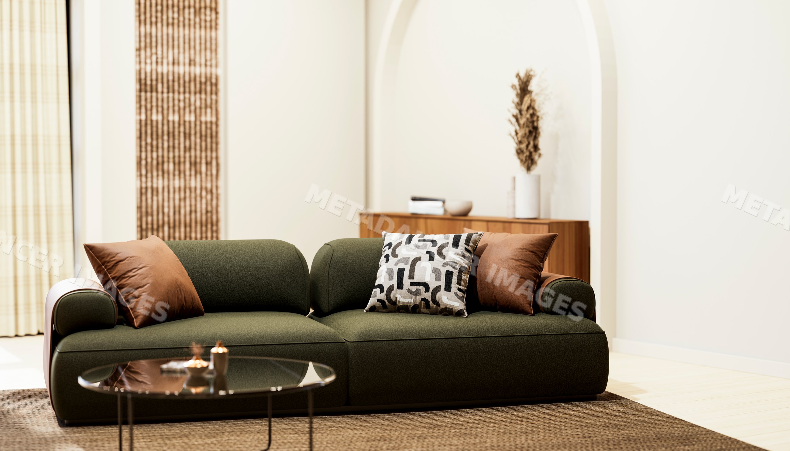 Green modern sofa with brown pillows in minimalist living room