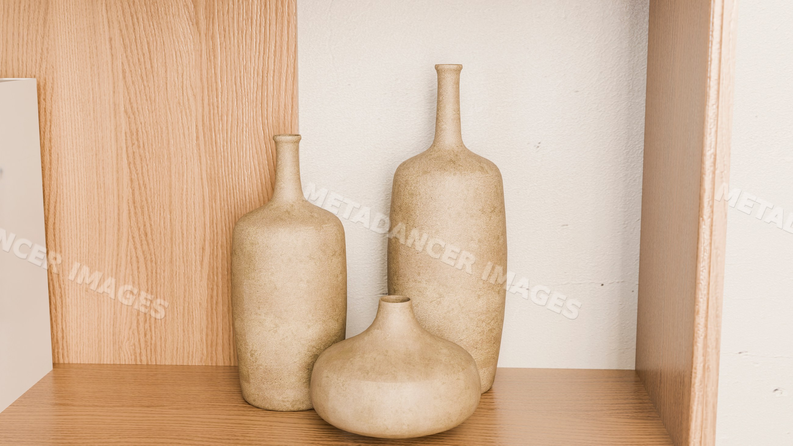 Three beige ceramic bottles on wooden shelf for minimalist interior