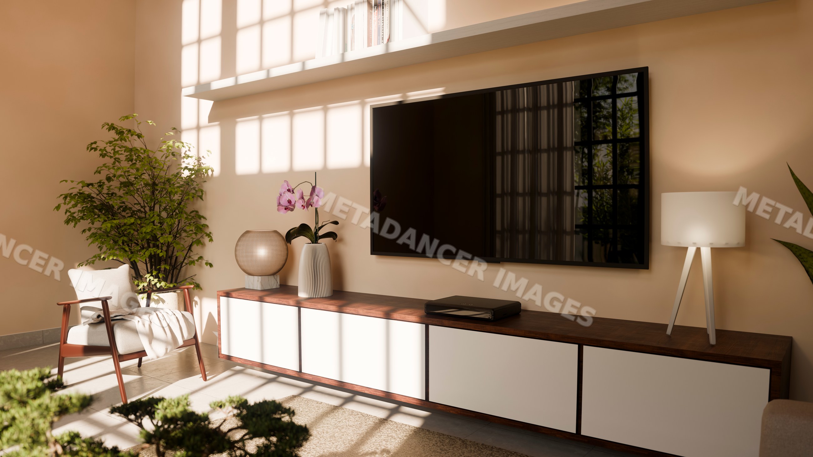 Modern living room with mounted tv and decorative indoor plants