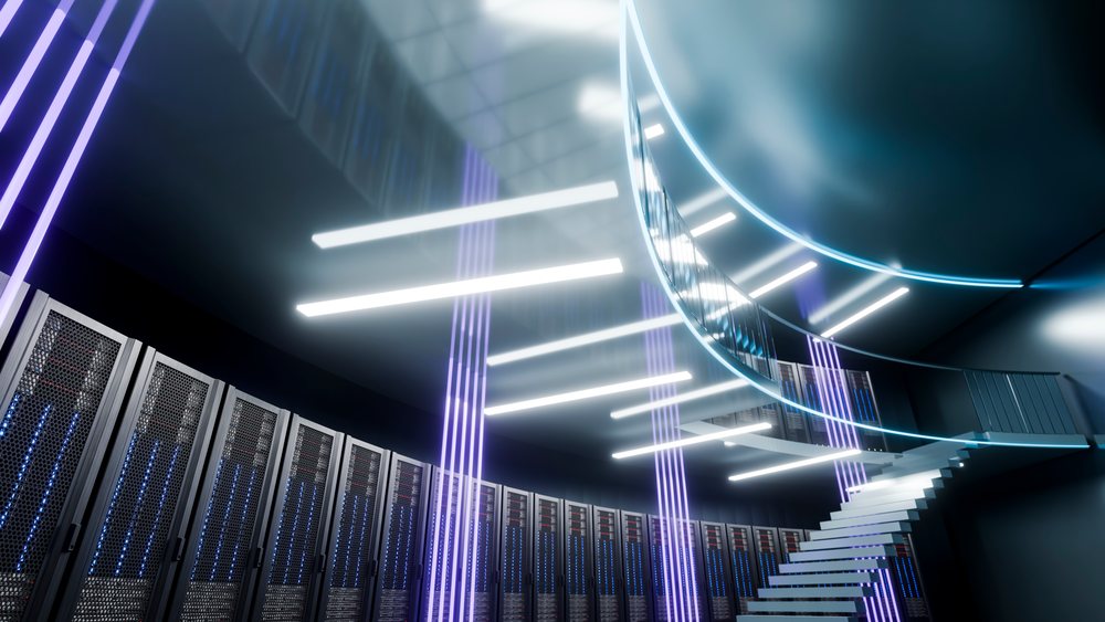 Modern data center with server racks, blue led lights, and stairway