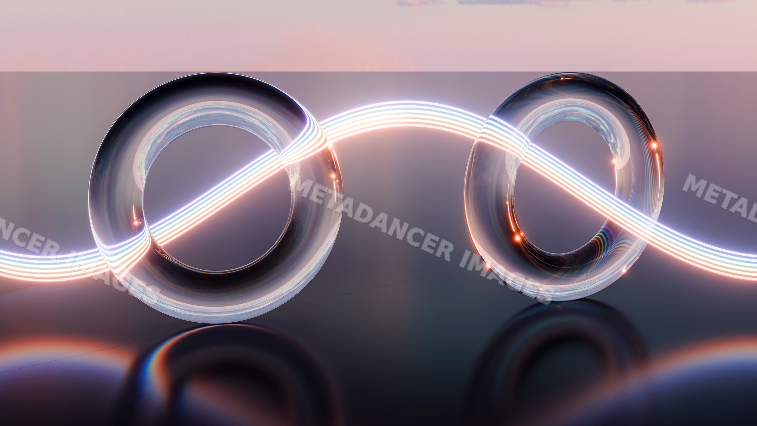 Glowing intertwined infinity loops with neon light and reflection