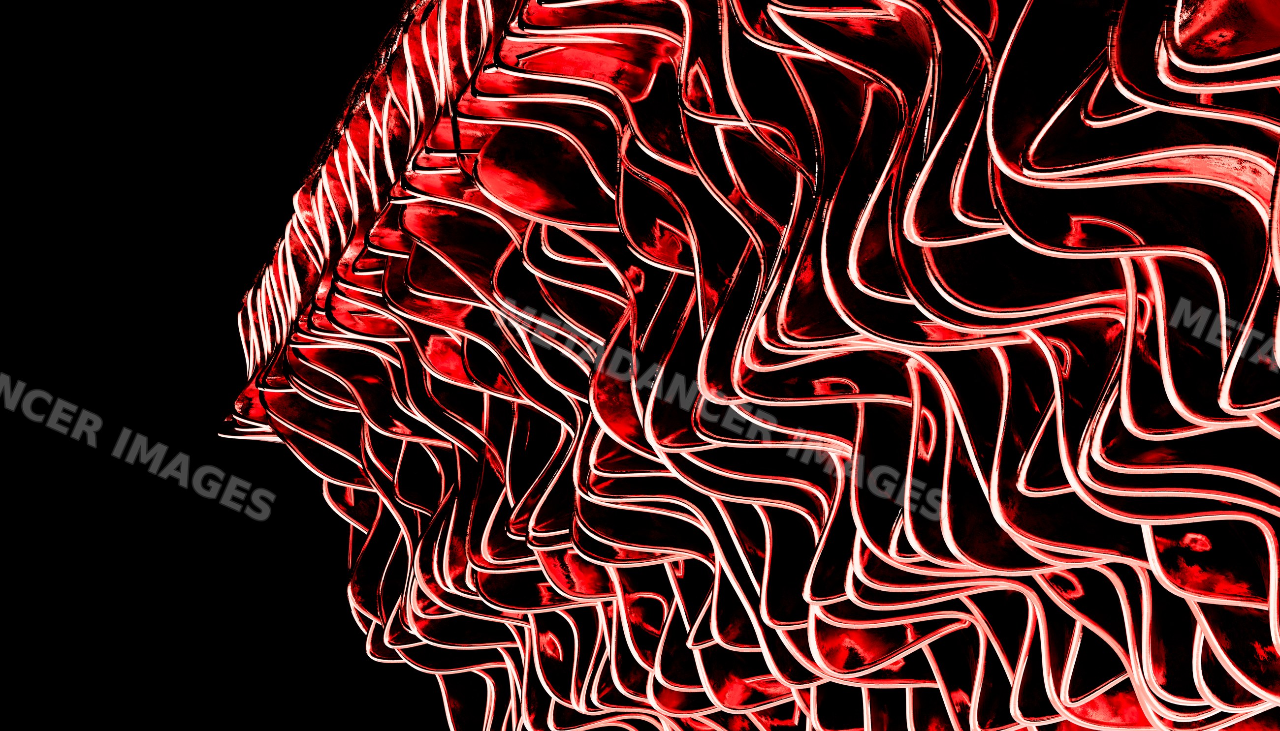 Abstract red illuminated folded metal sculpture on Black background