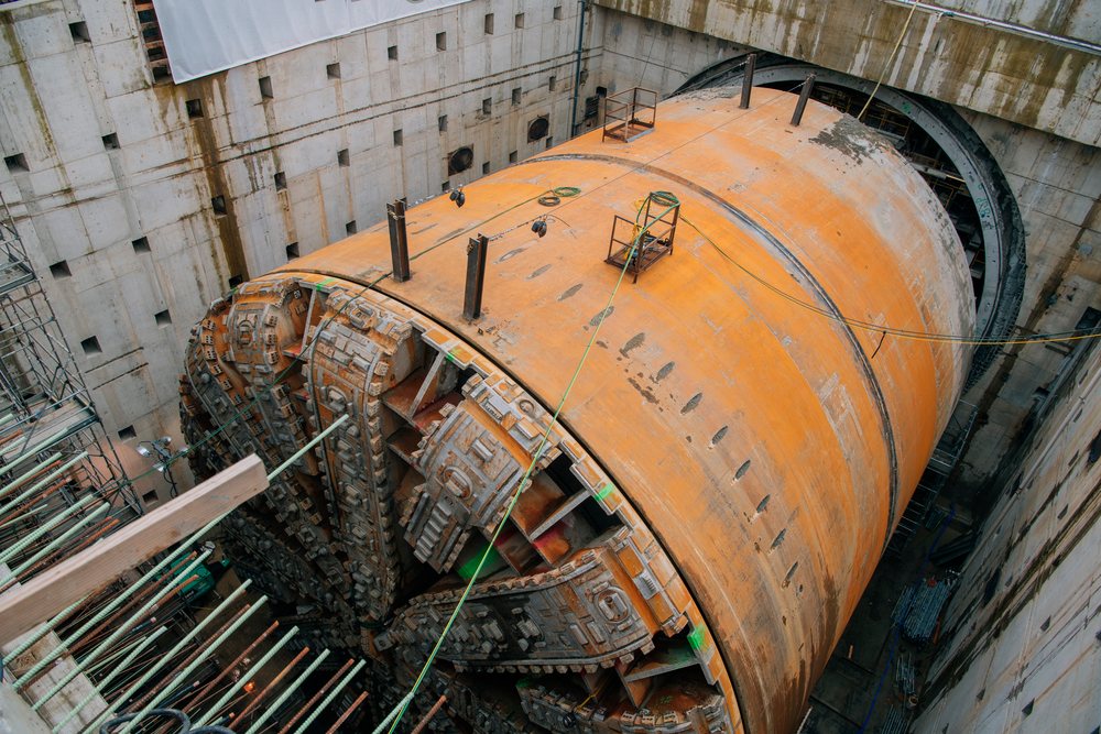 Large tunnel boring machine at a construction excavation site