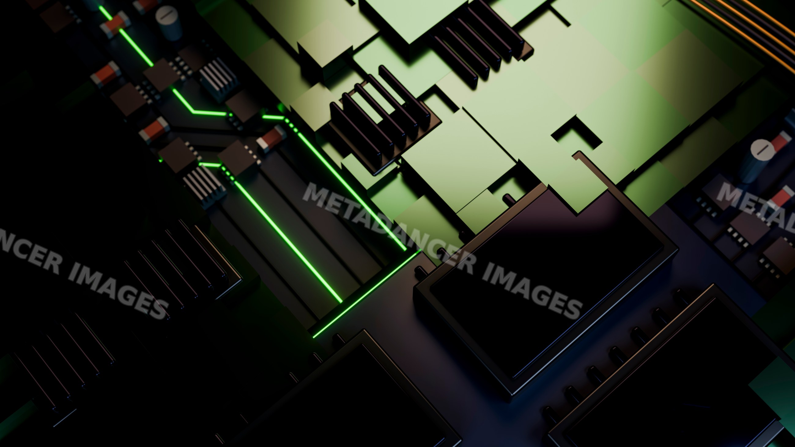 Close-up of circuit board with glowing green light and microchips