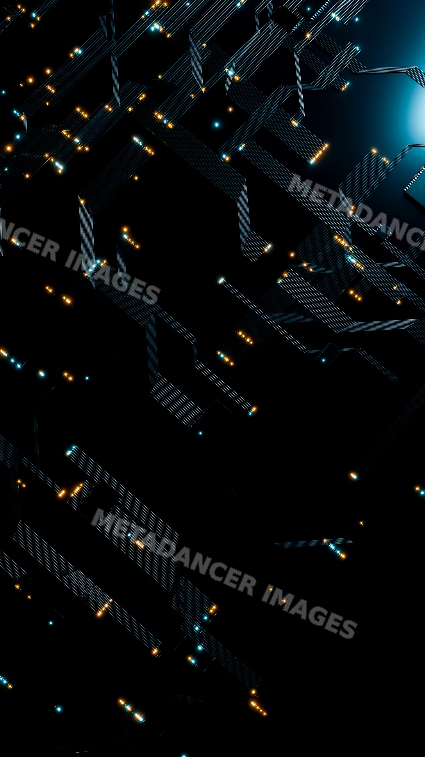 Abstract circuit board with glowing blue and orange lights