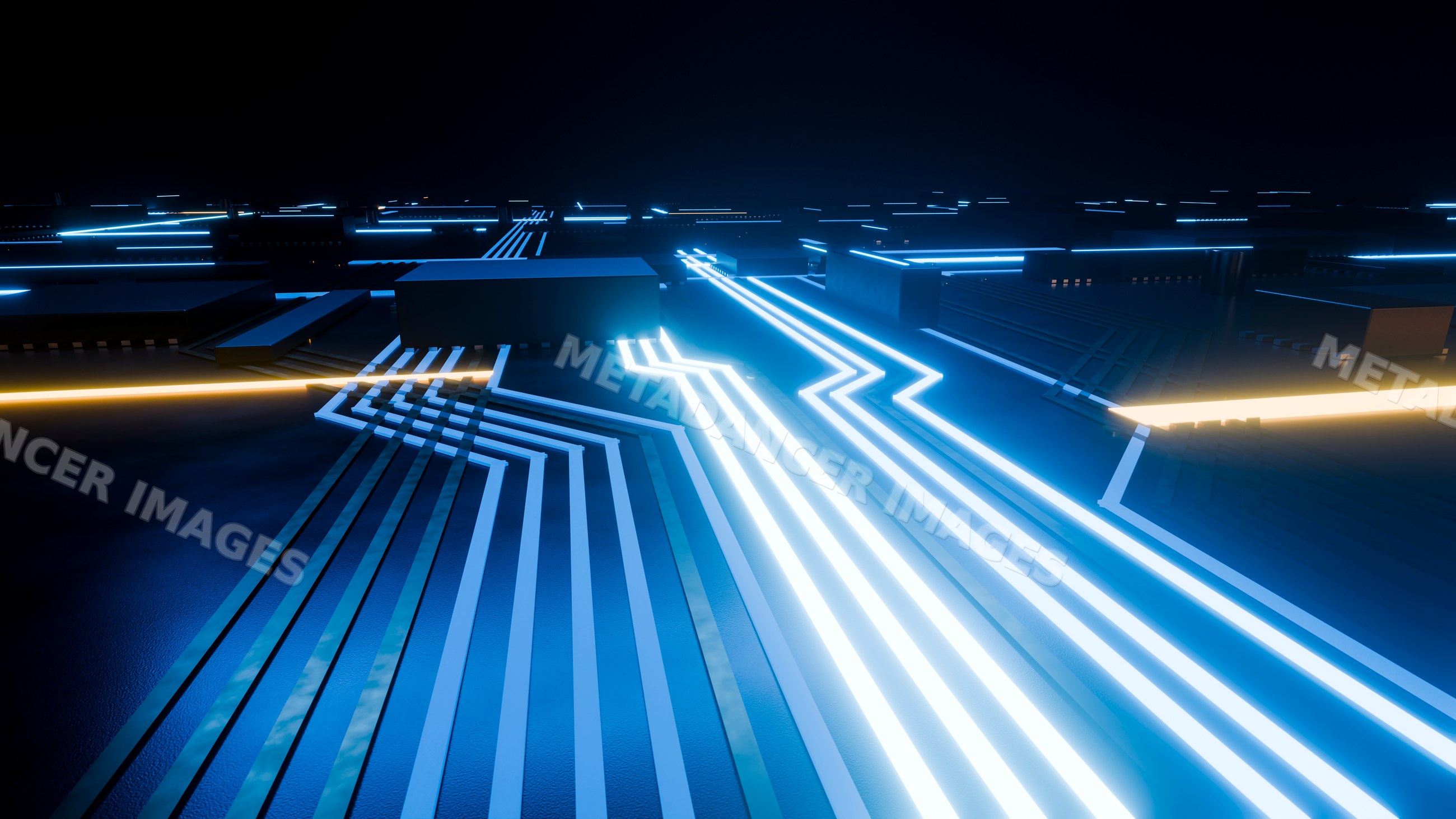 Glowing electronic circuit board with blue and orange lines