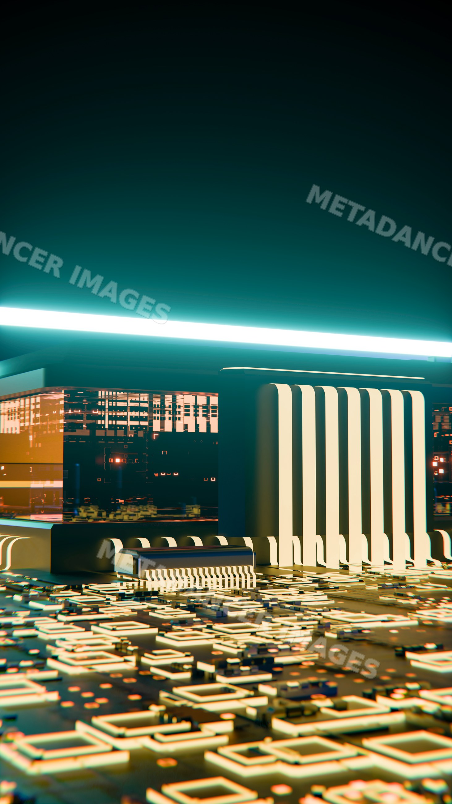 Glowing microchip on circuit board with futuristic electronic