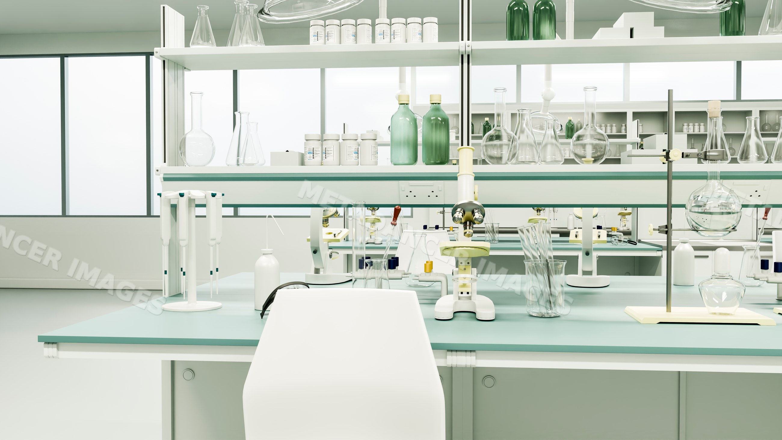 Laboratory workspace with microscope and glassware on clean benches