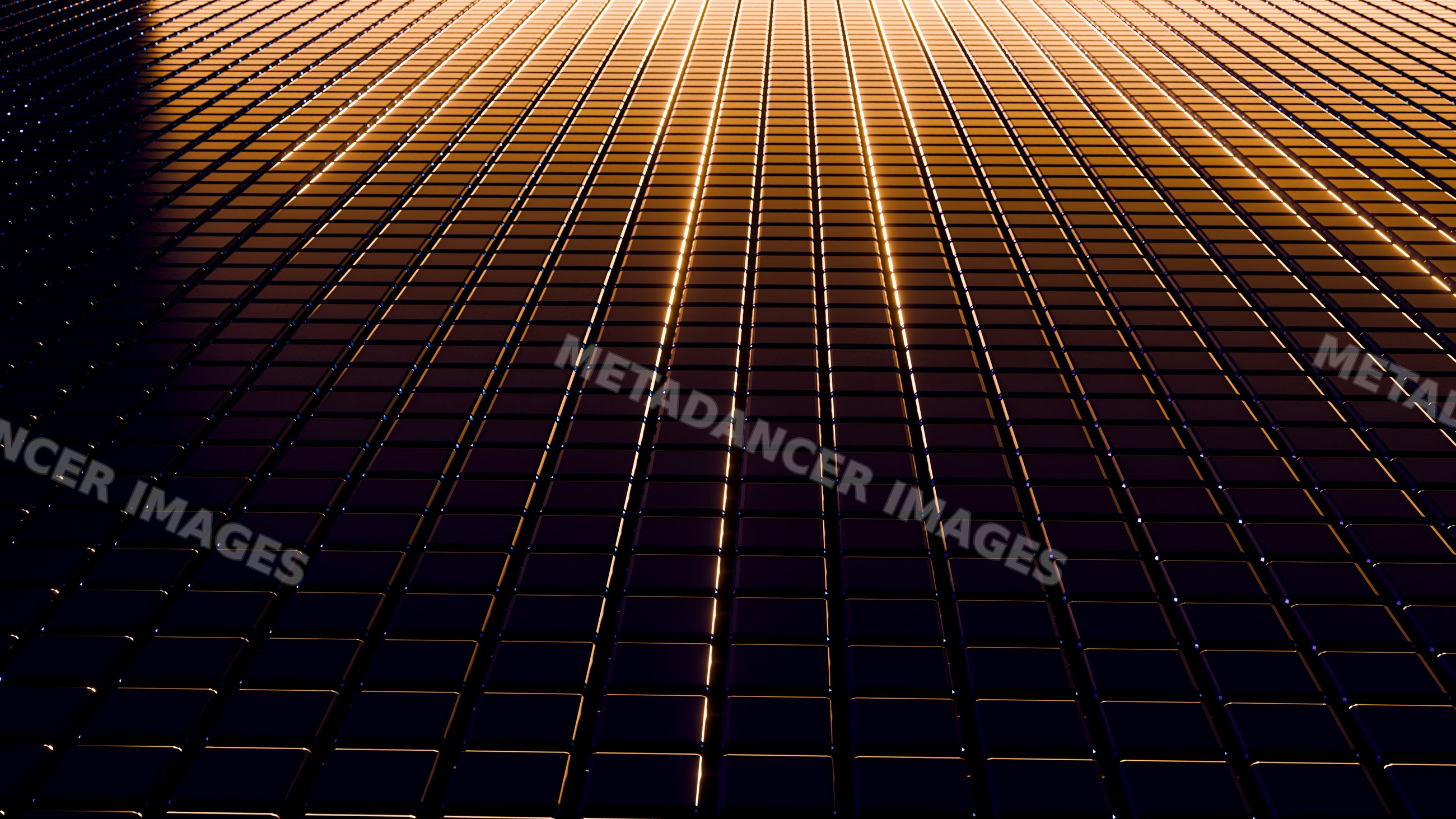 Abstract glowing orange grid pattern on dark reflective surface