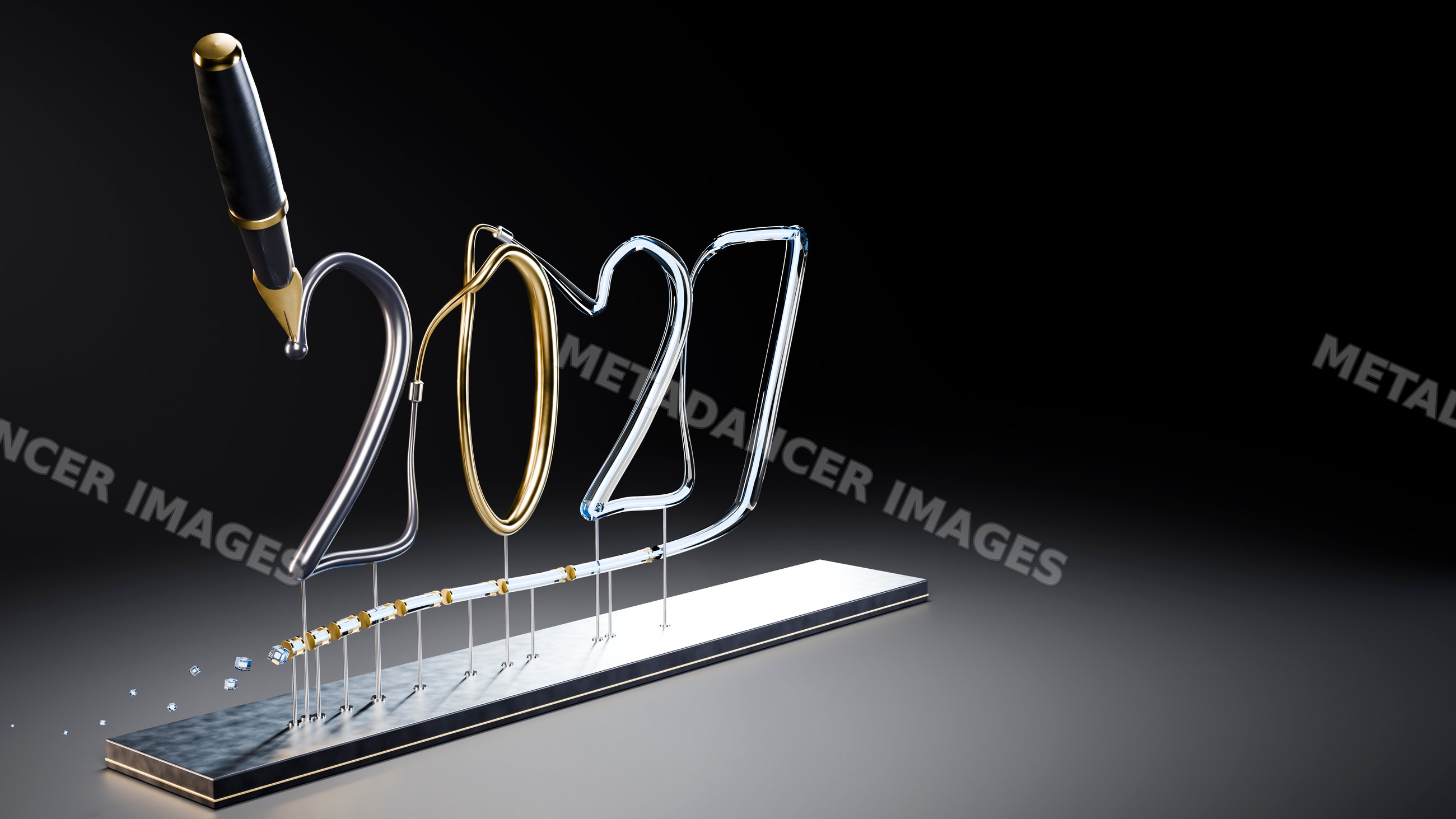 Wire sculpture of 2021 numbers with metallic pen on metal base