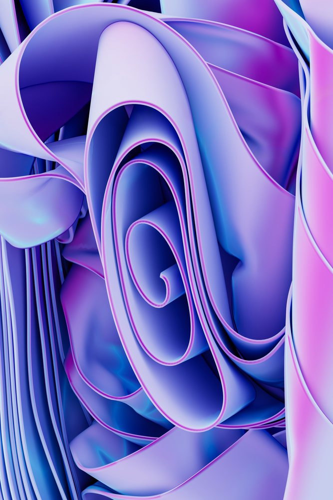 Three-dimensional abstract artwork with flowing blue and purple ribbon