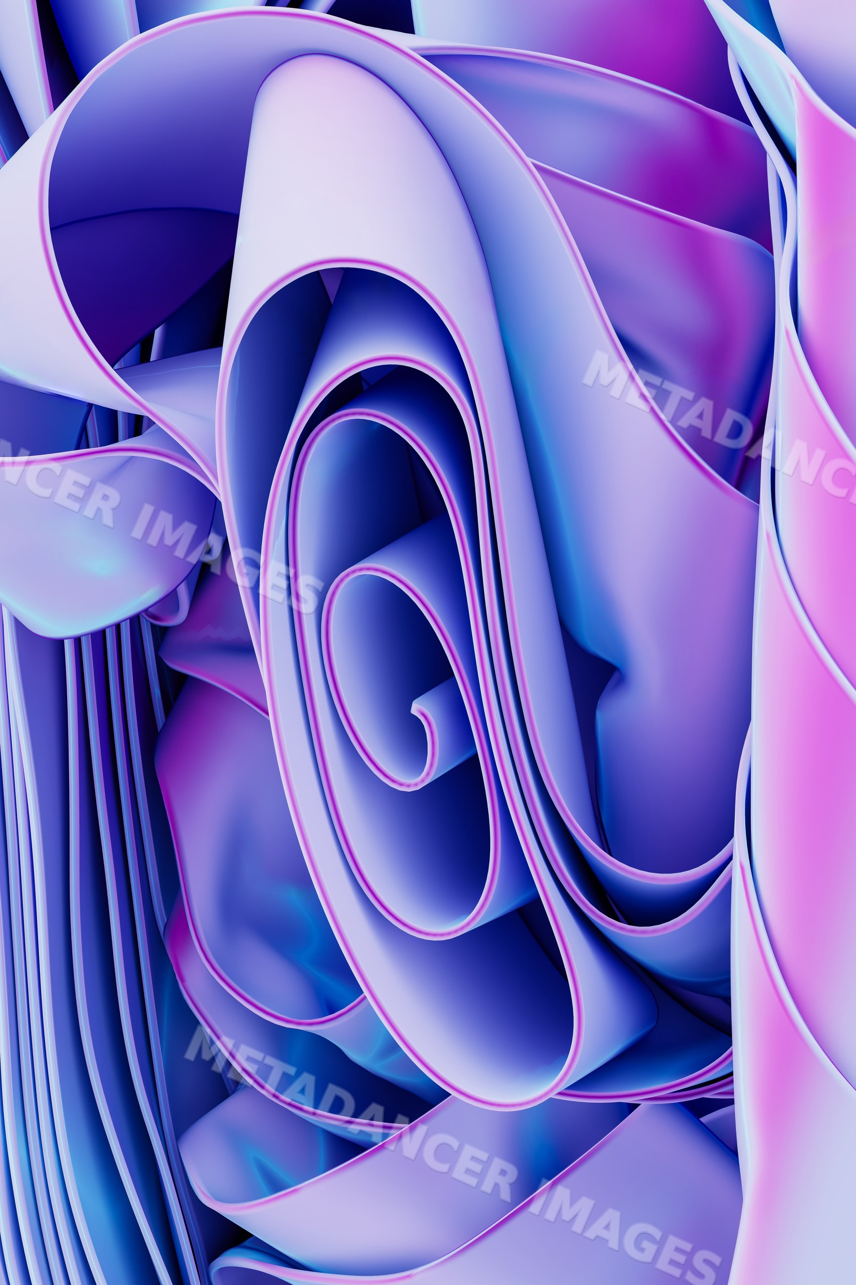 Three-dimensional abstract artwork with flowing blue and purple ribbon