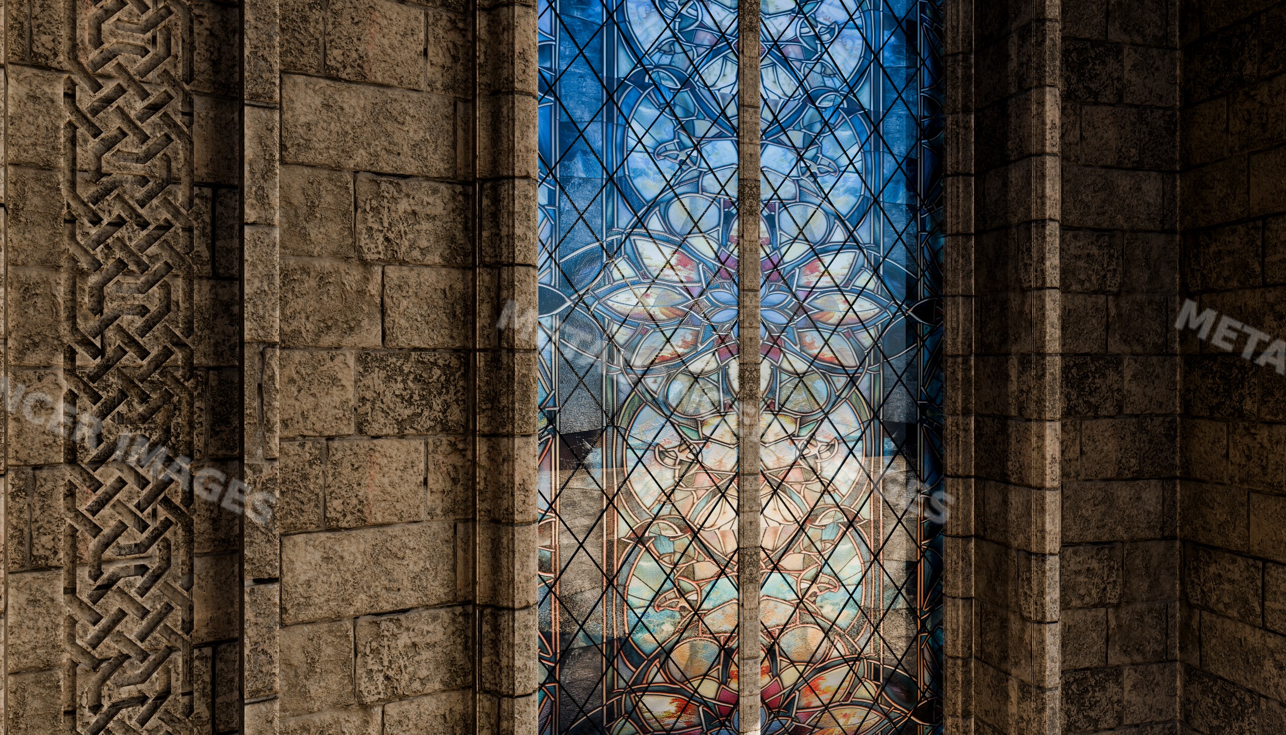 Stained glass window in stone church interior with ornate design