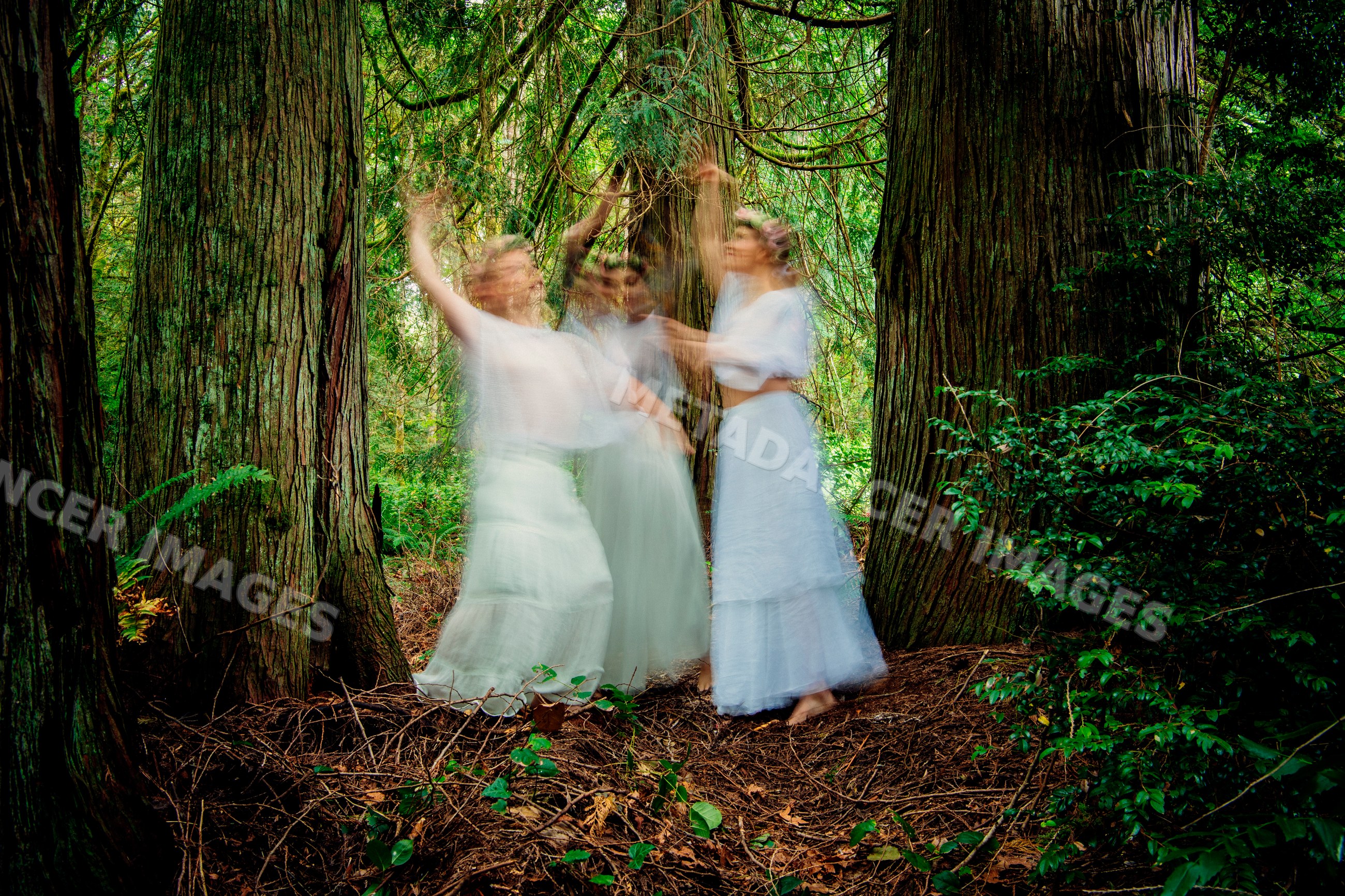 Three white women dancing barefoot in forest with motion blur